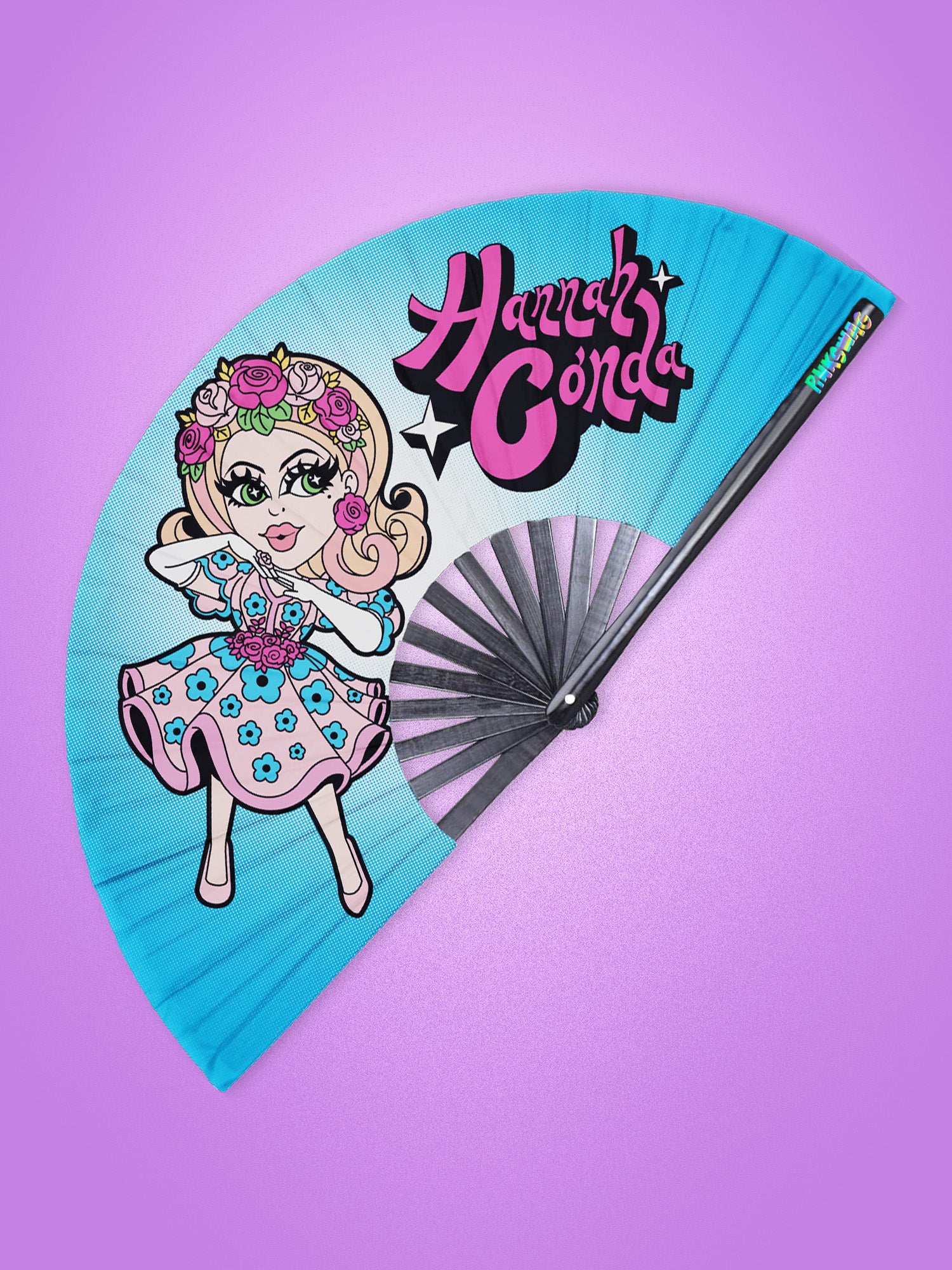 Handheld fan with cartoon character and 'Hannah Montana' text on a purple background