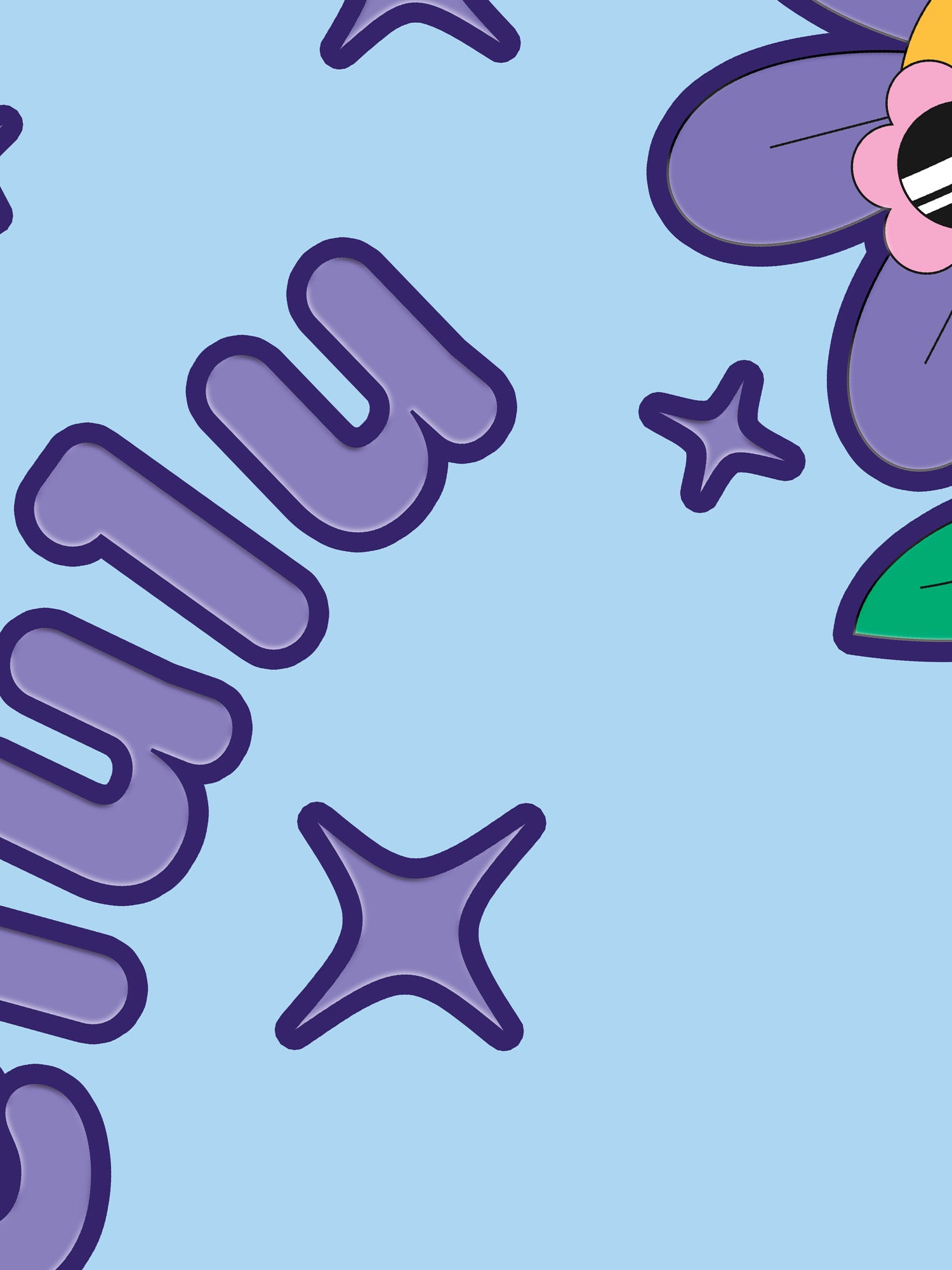 Cartoon character with flowers and stars on a light blue background