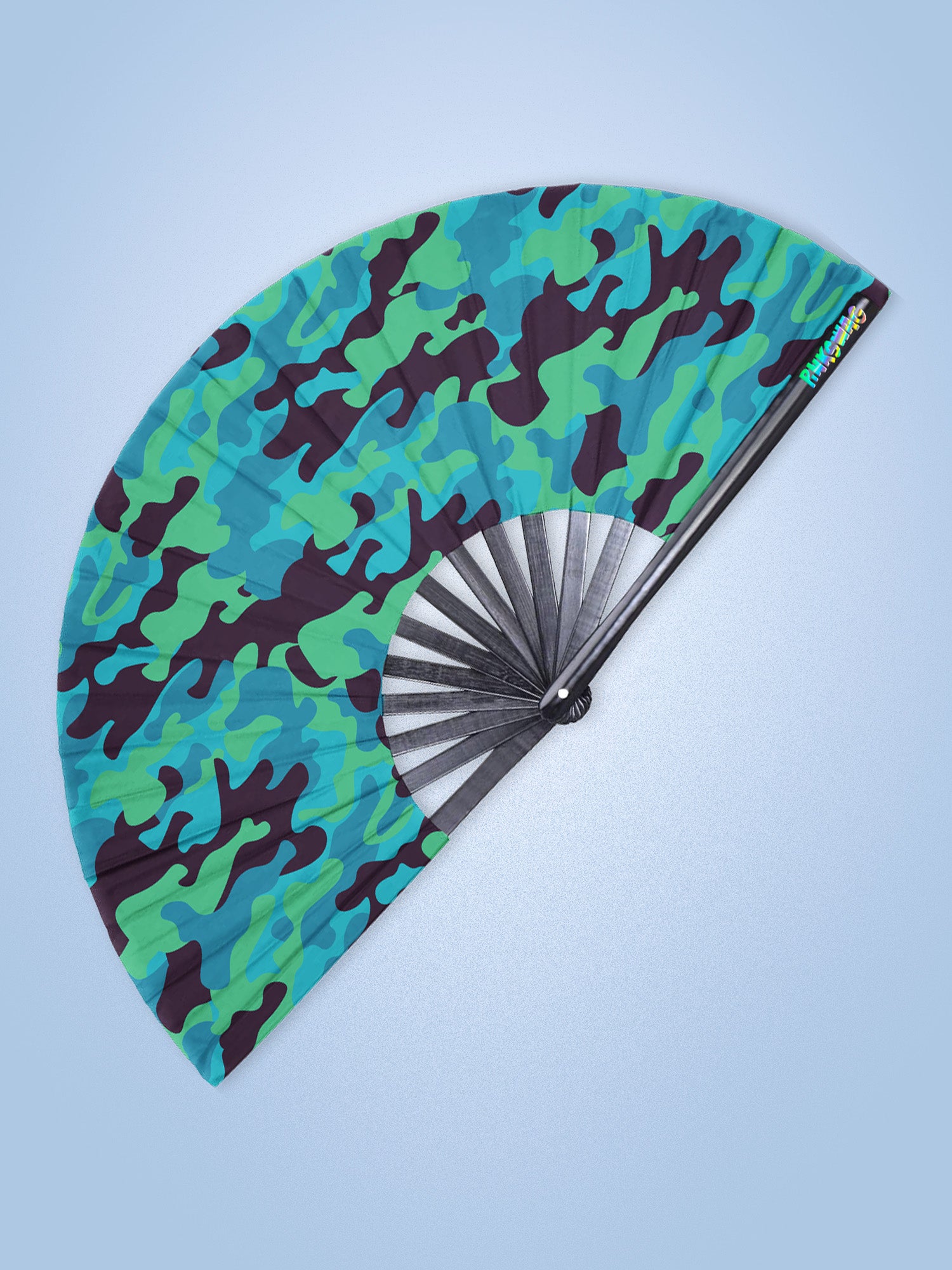 Camouflage-patterned hand fan on a light blue background