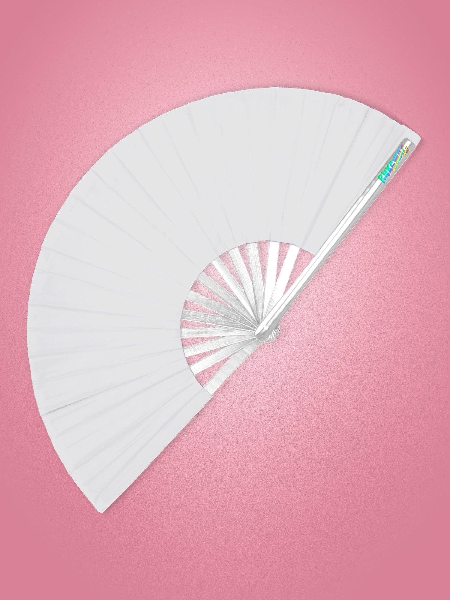 White hand fan on a pink background