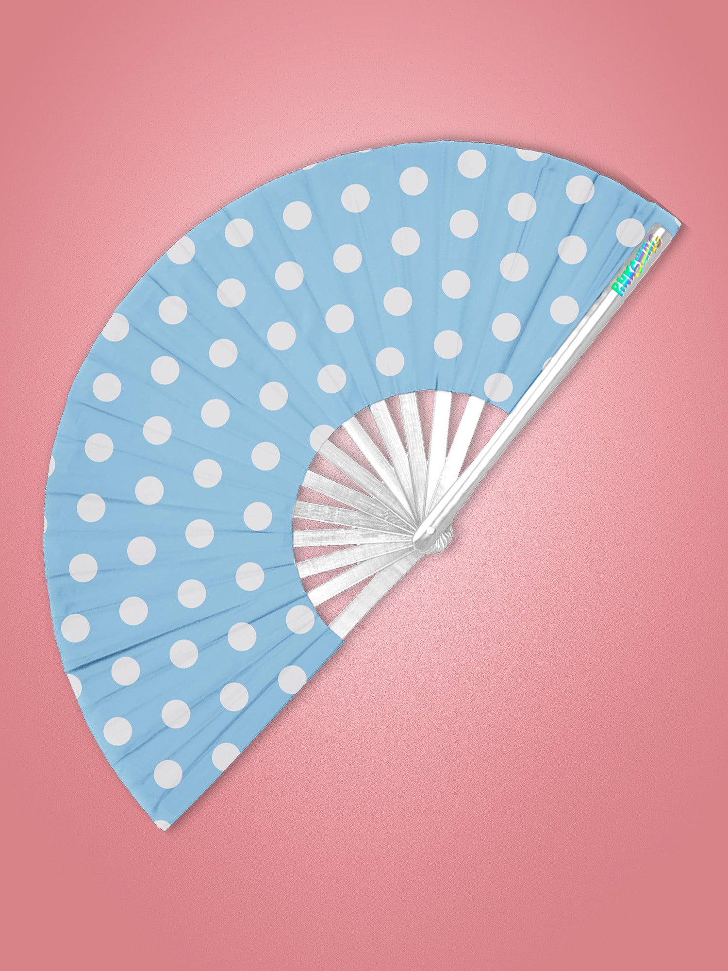 Blue fan with white polka dots on a pink background