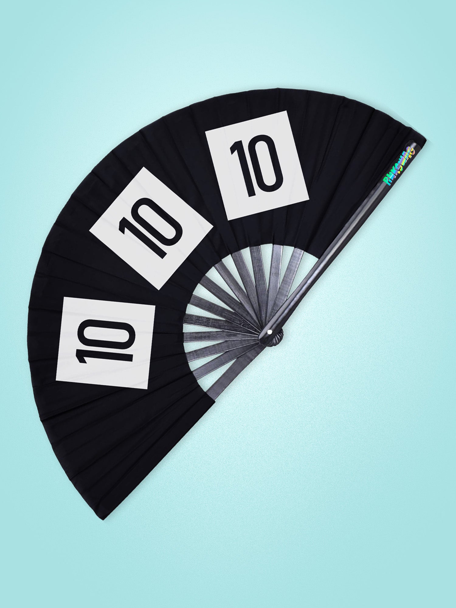 Black folding fan with '10' cards on a light blue background