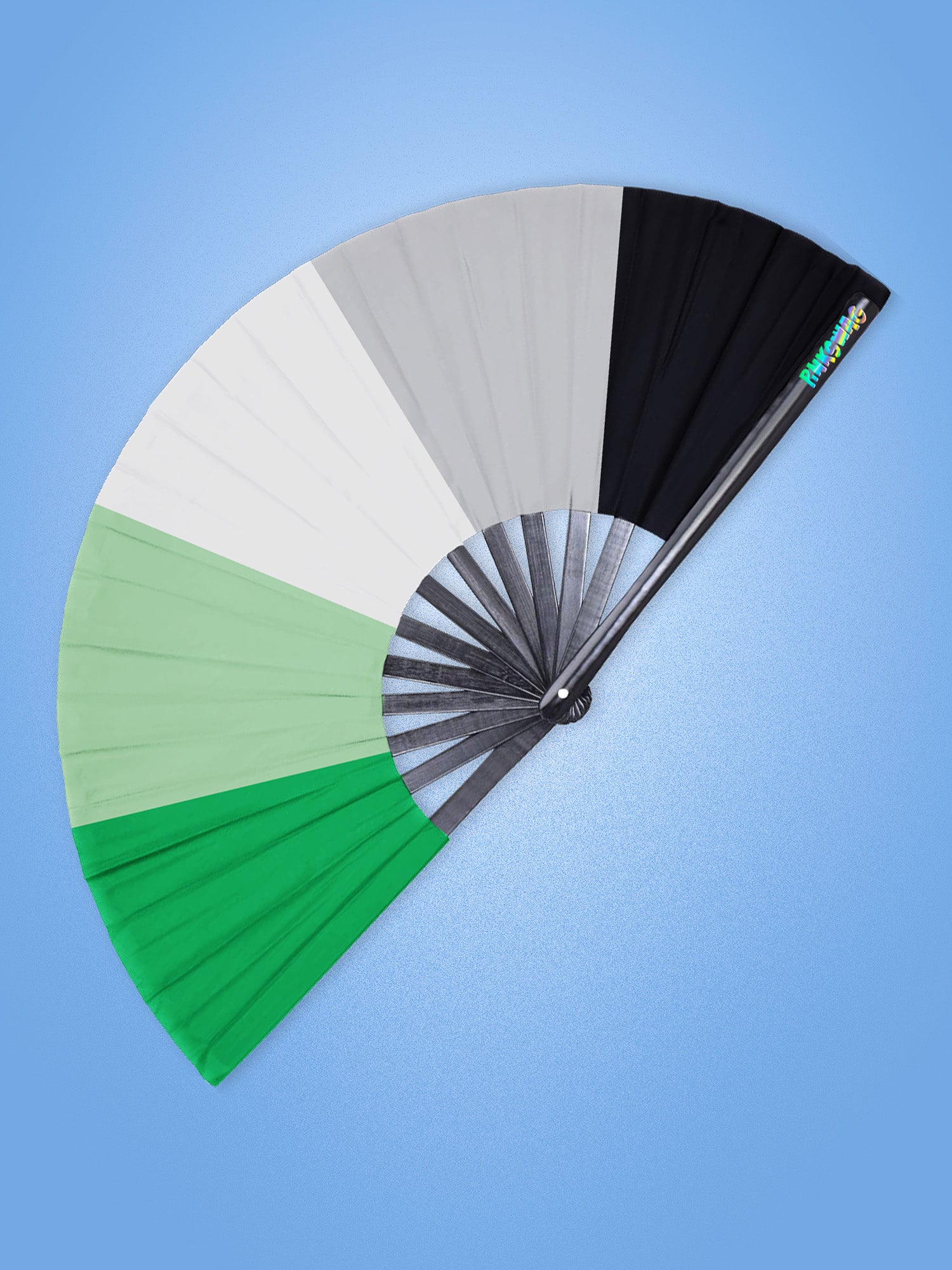 Color swatch fan with green, black, gray, and white sections on a blue background
