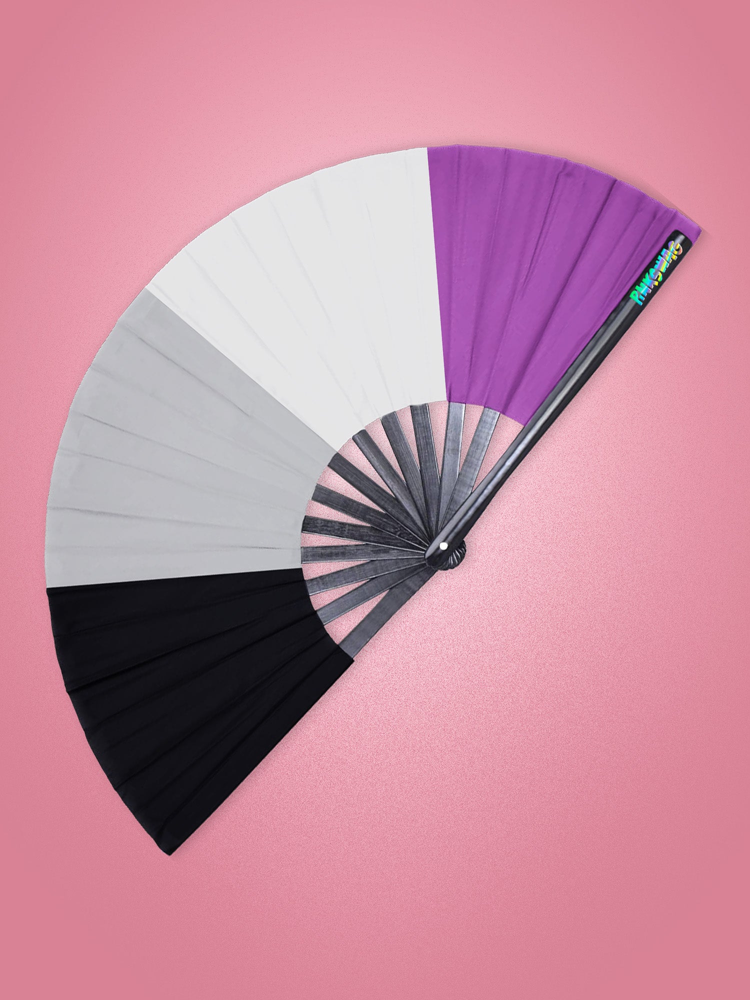 Color swatch fan with purple, gray, and black sections on a pink background