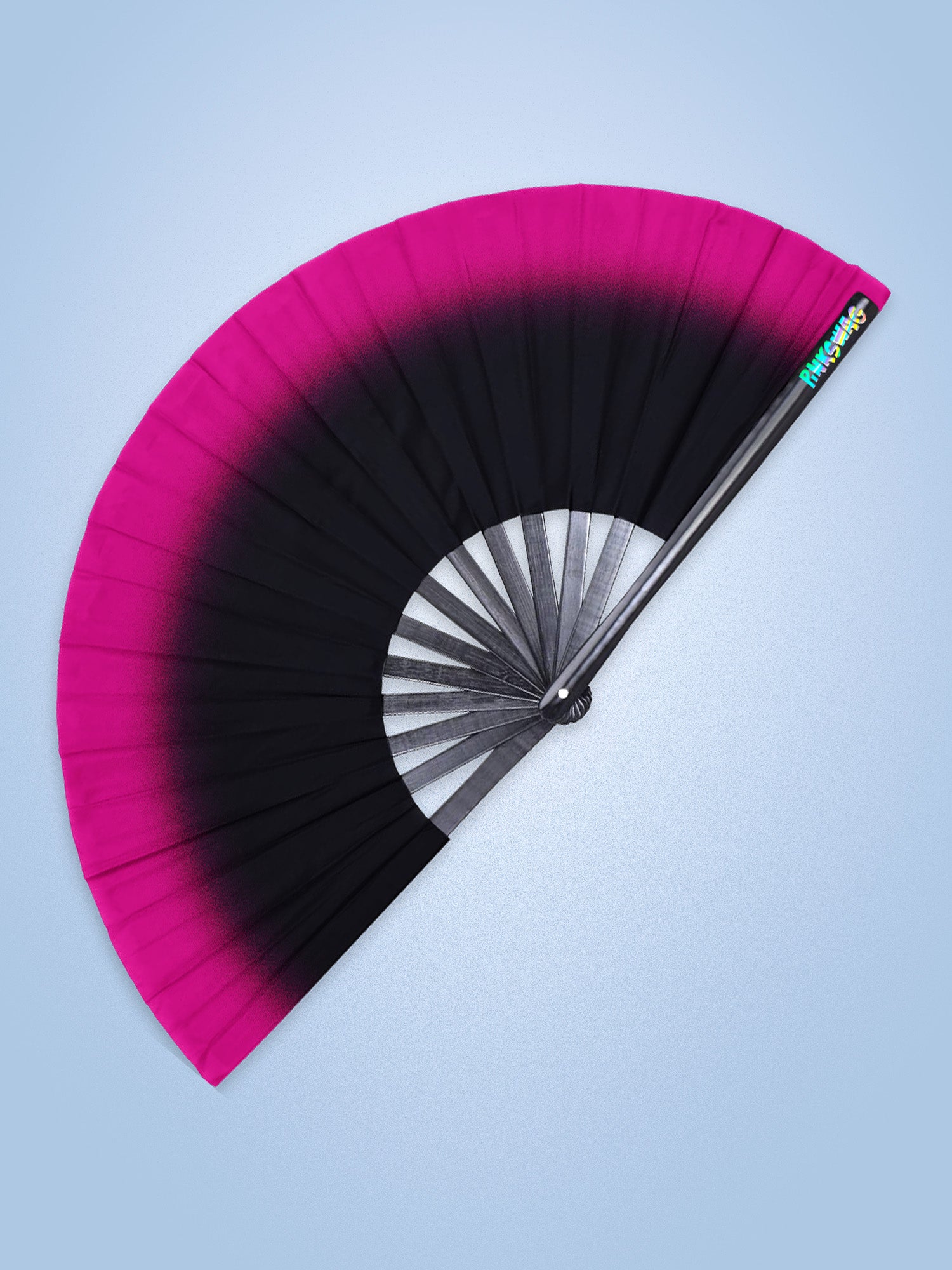 Black and pink fan on a light blue background
