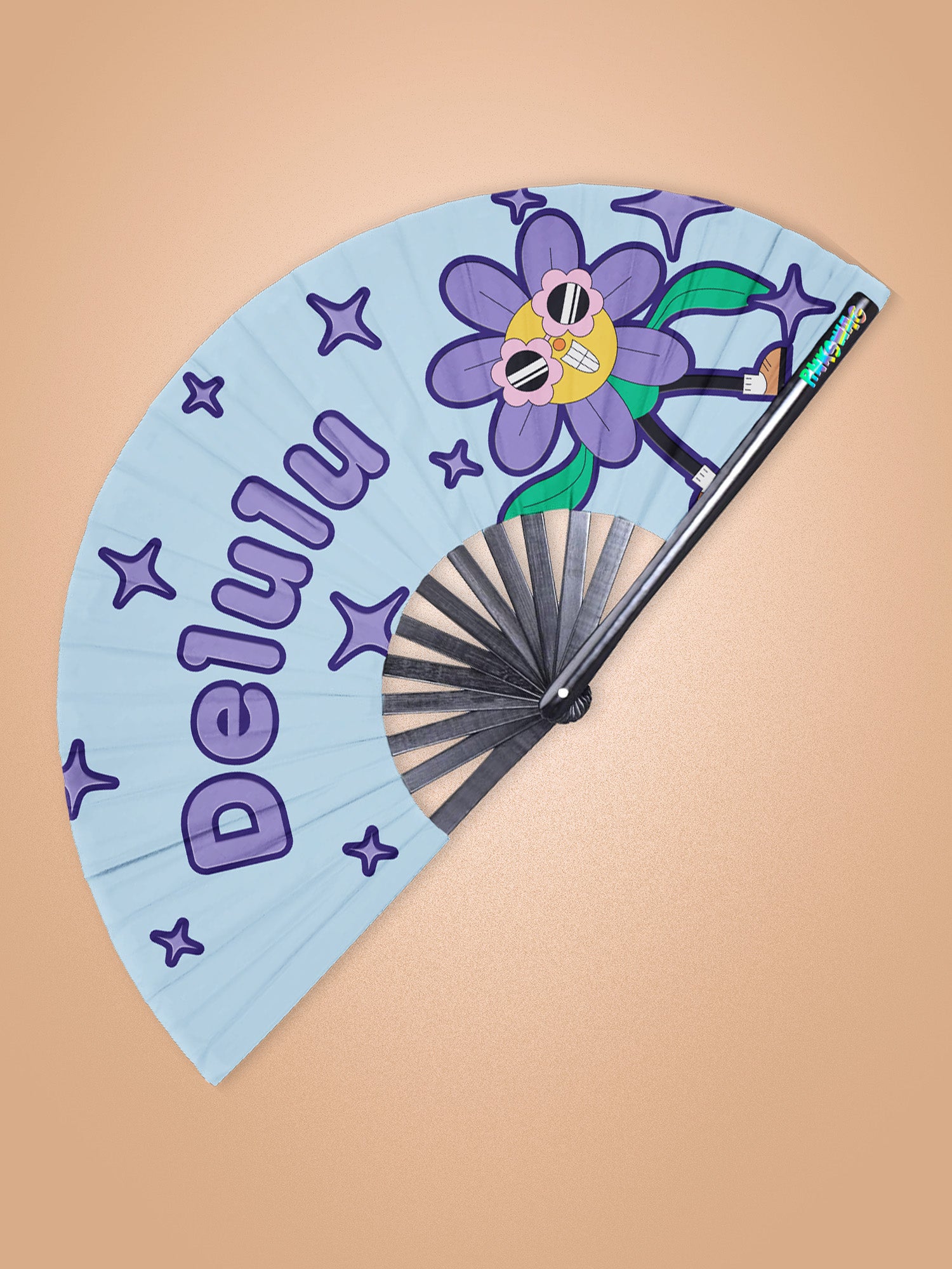 Handheld fan with cartoon character and 'Delulu' branding on a beige background