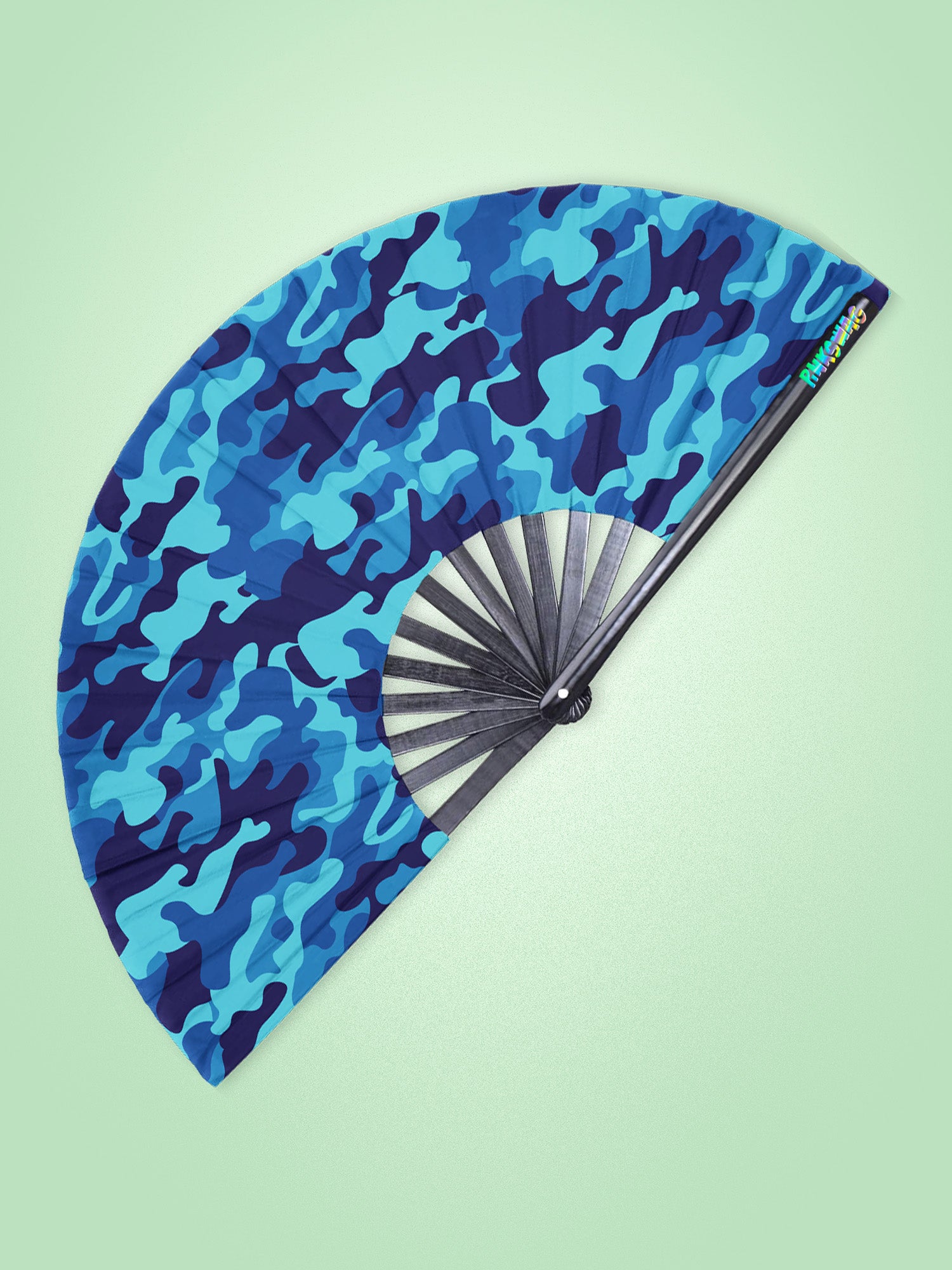 Blue camouflage fan on a light green background
