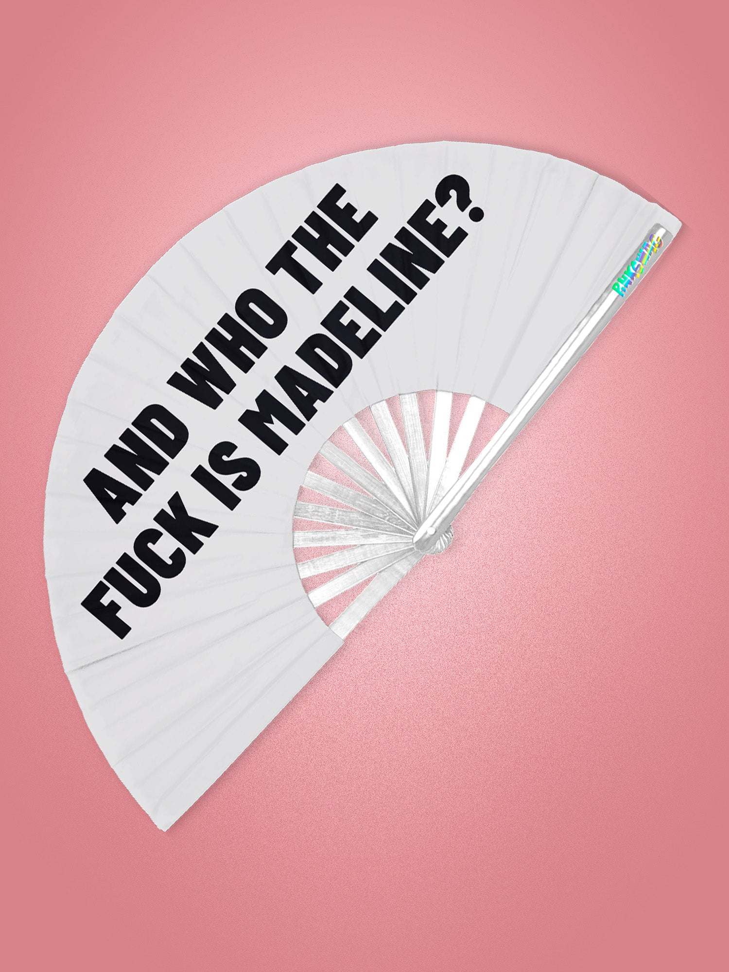 White fan with black text on a pink background