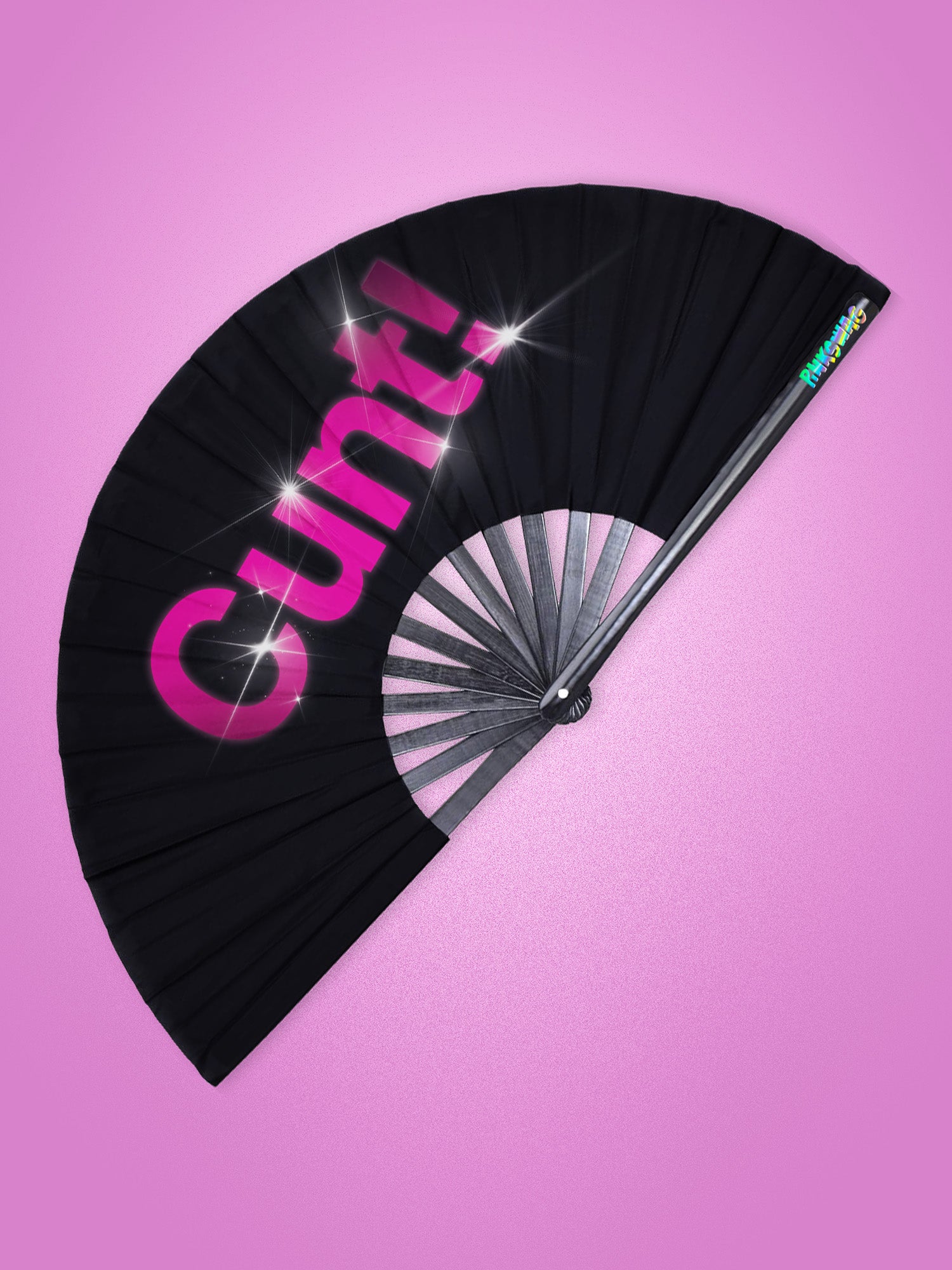 Black fan with pink text on a pink background