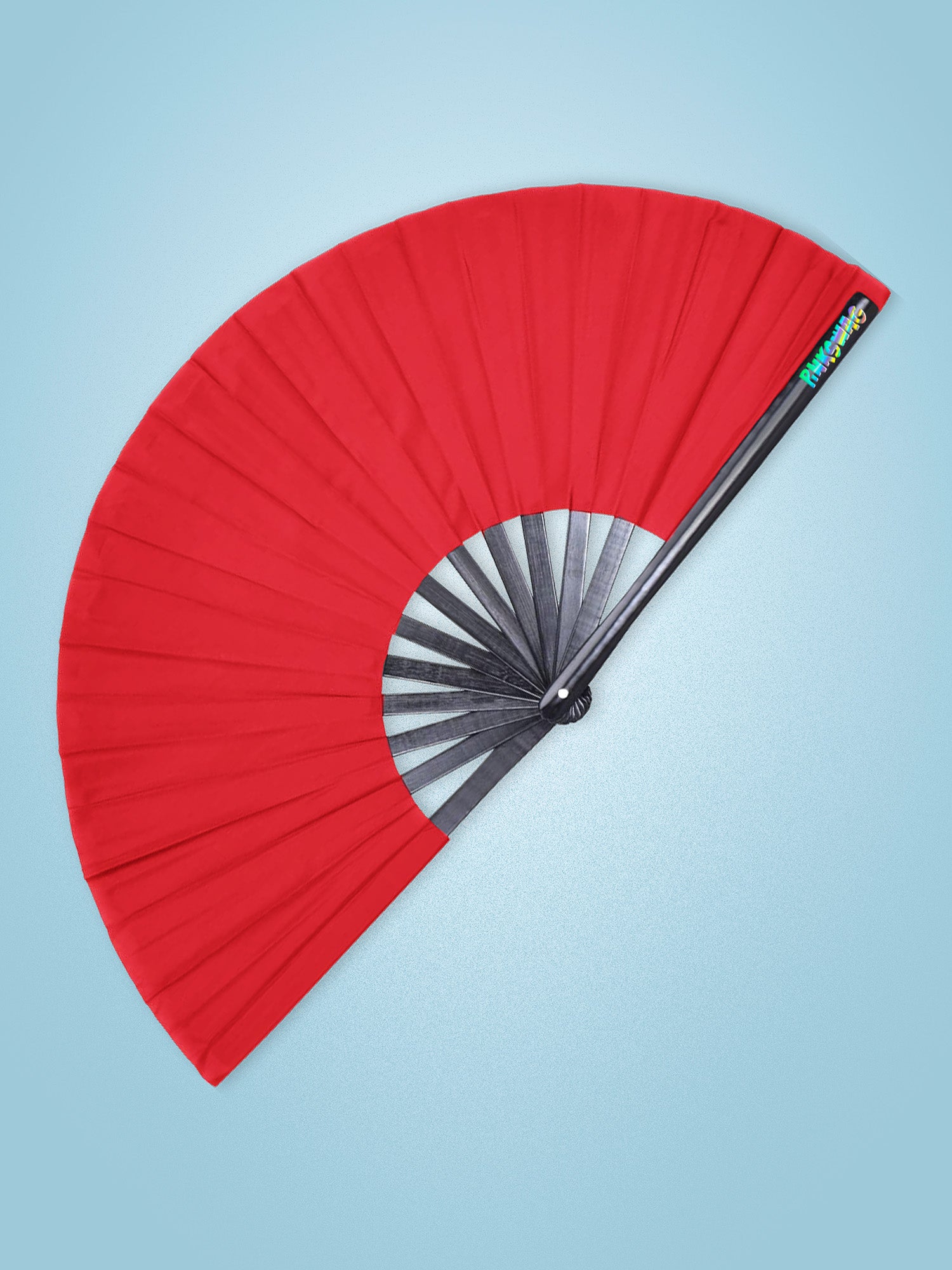 Red fan with black center on a light blue background