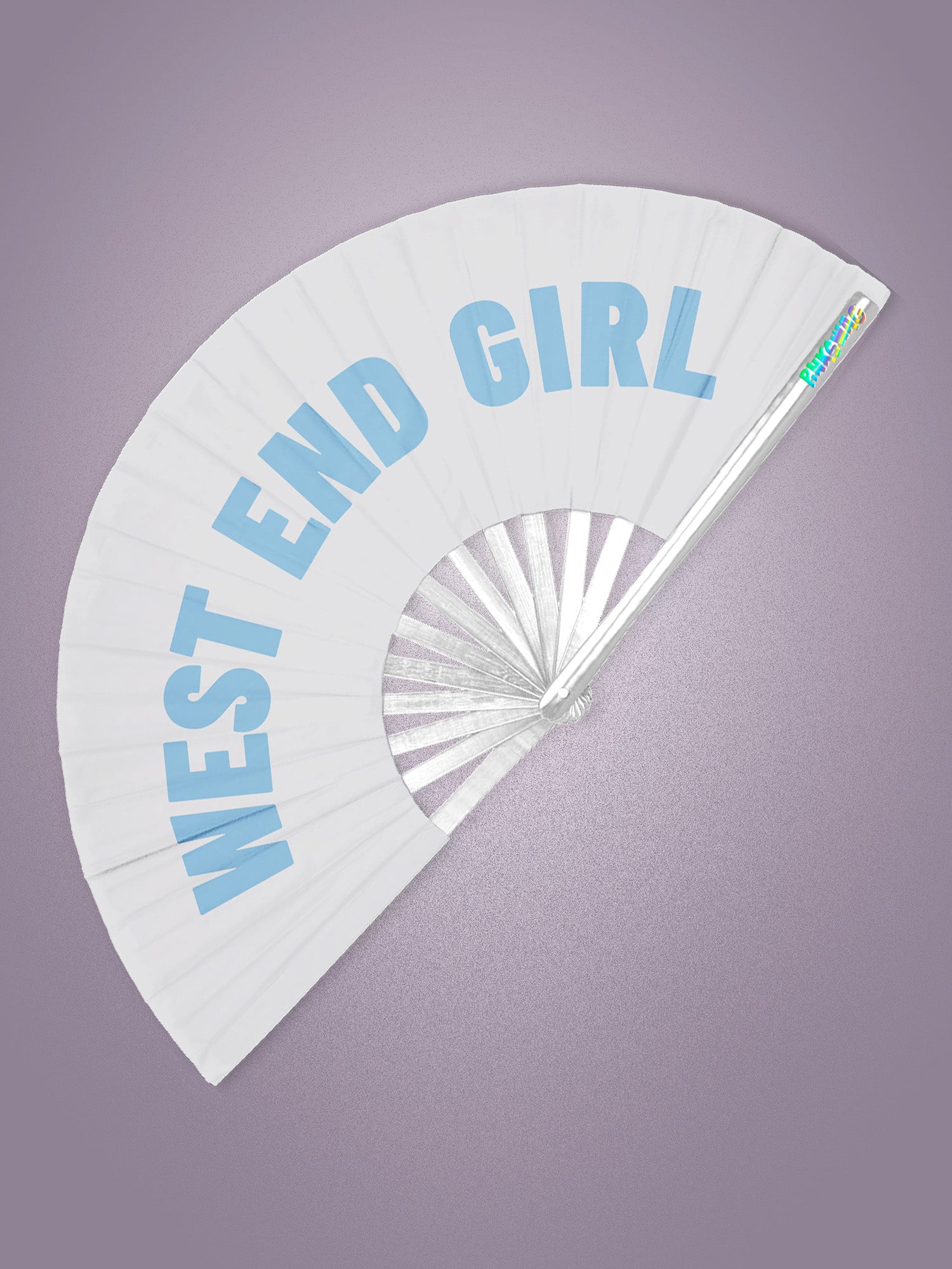 White hand fan with 'West End Girl' text on a purple background