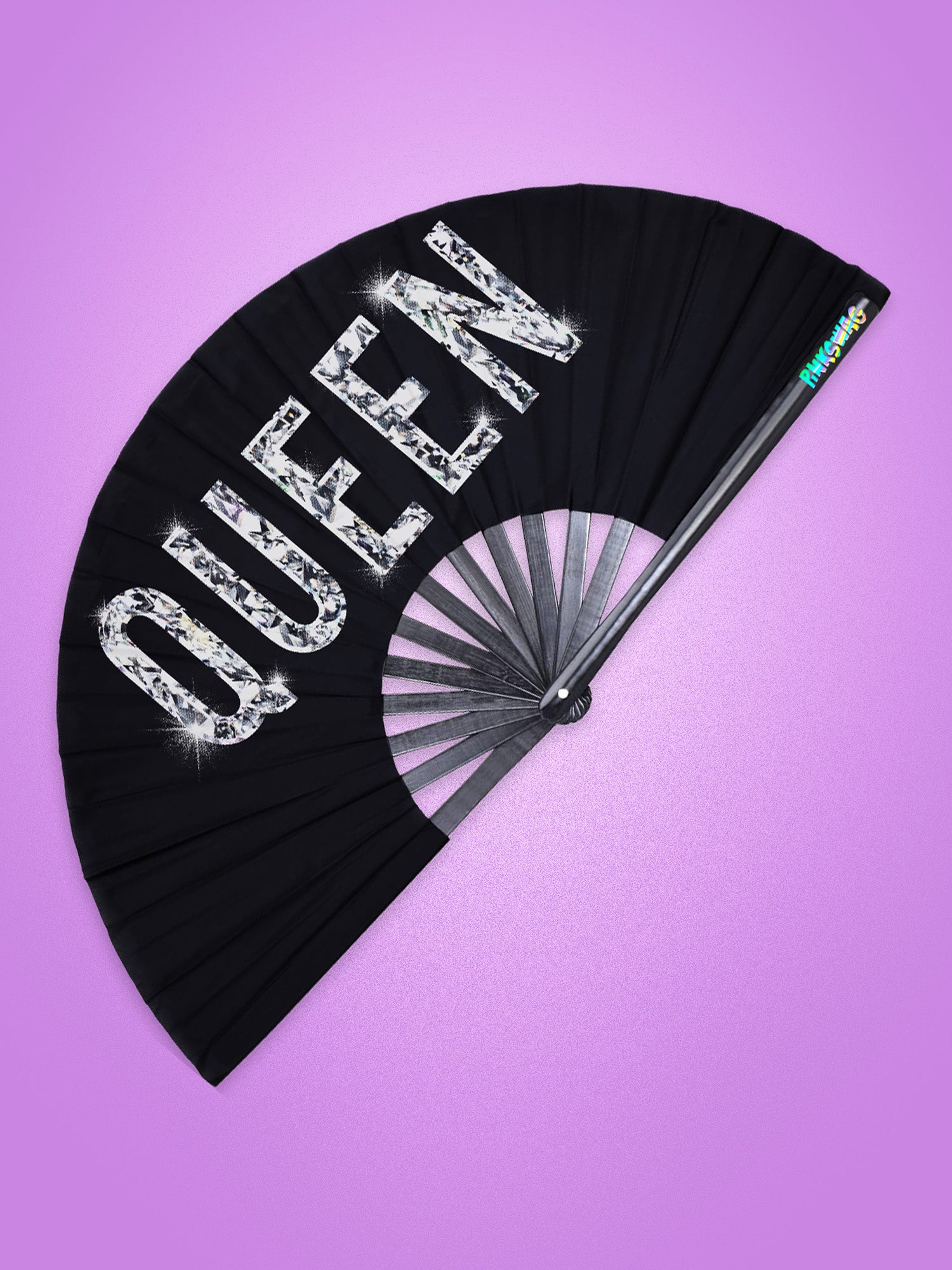 Black fan with 'QUEEN' in rhinestone letters on a purple background
