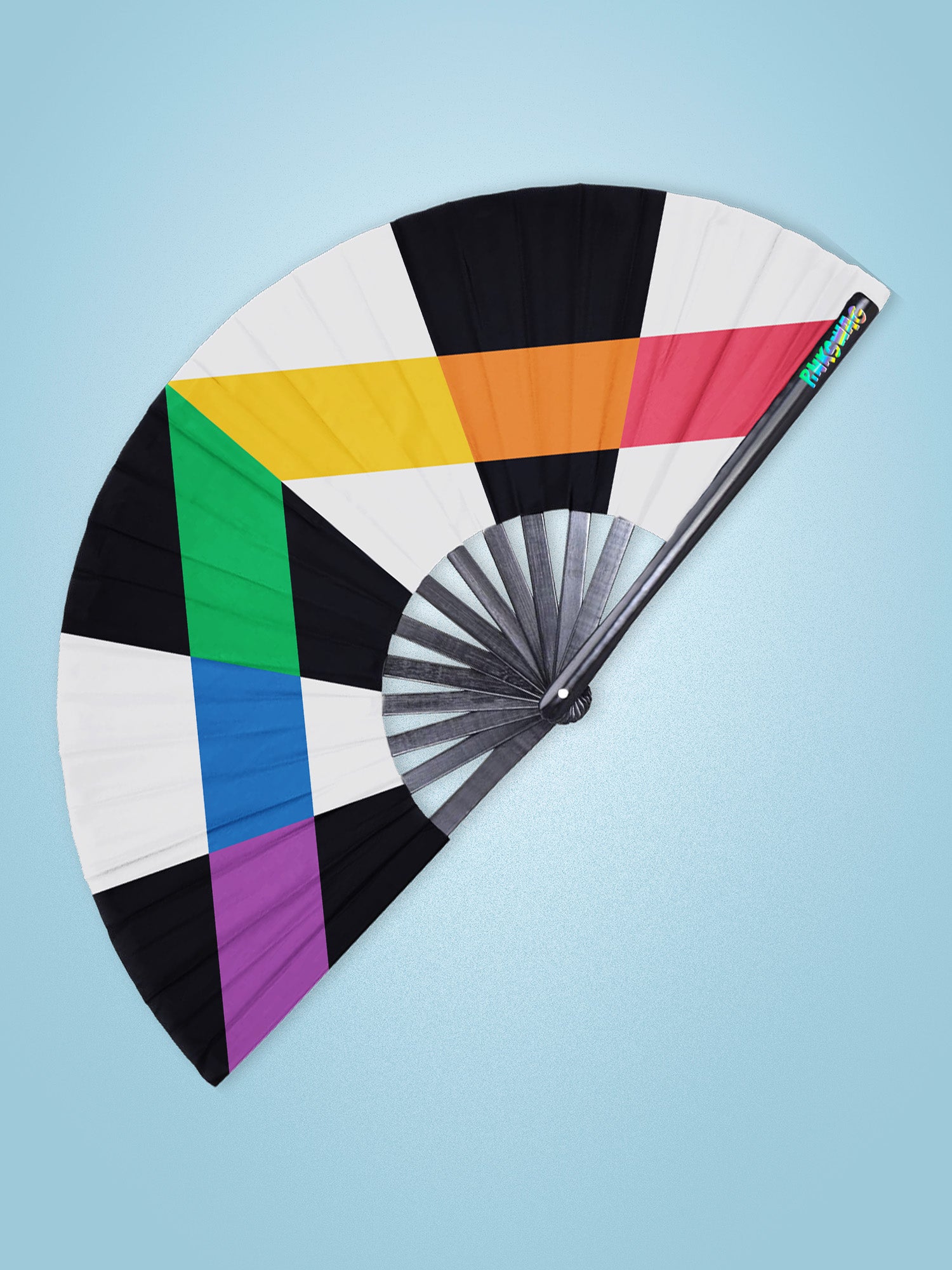 Colorful geometric-patterned hand fan on a light blue background