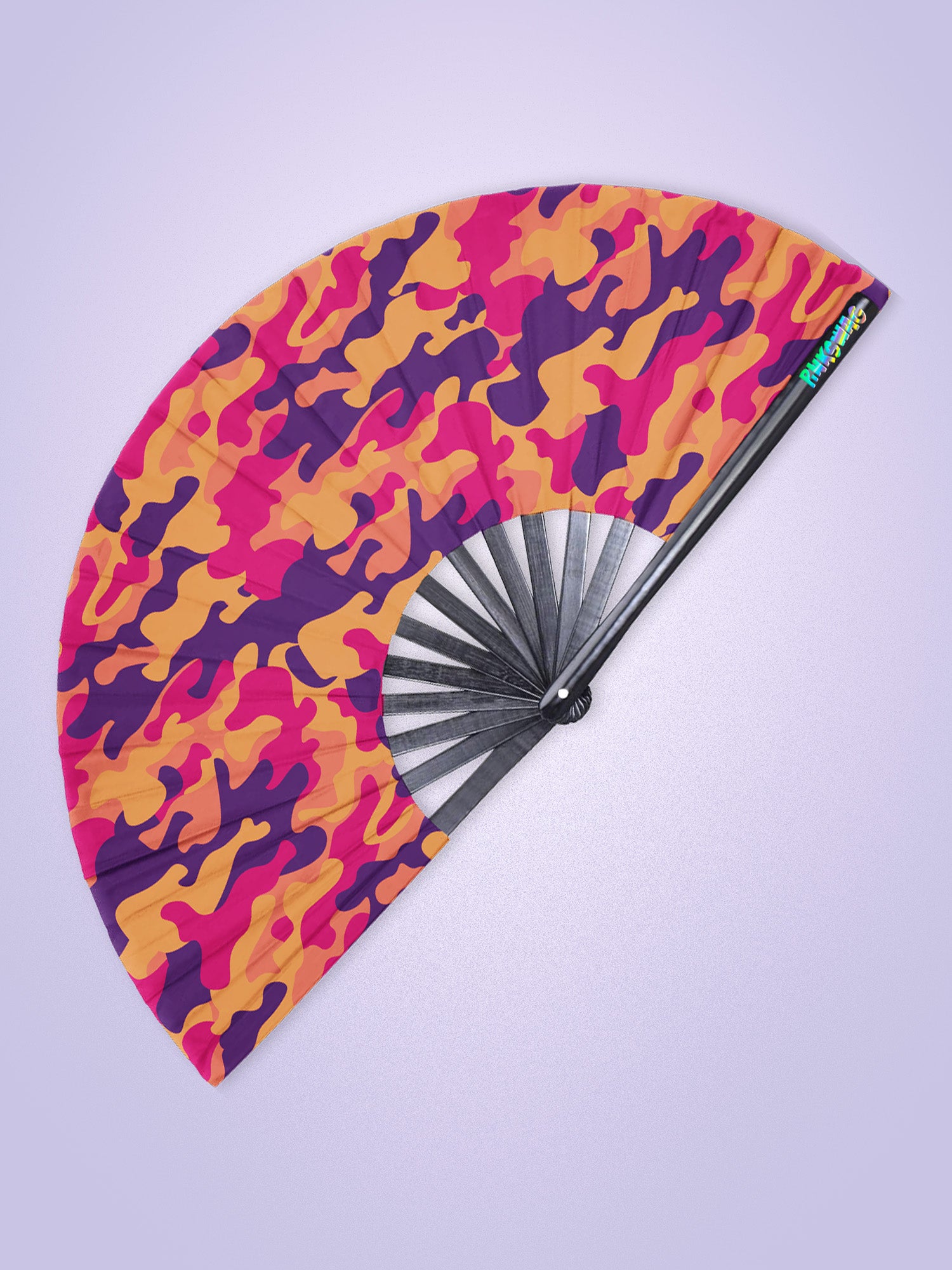 Colorful camouflage-patterned fan on a white background