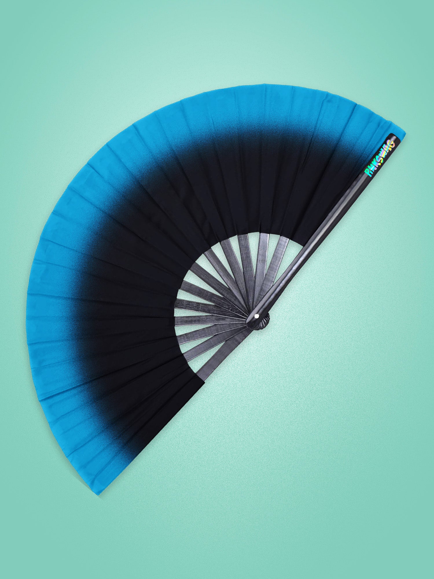 Black and blue fan on a light green background