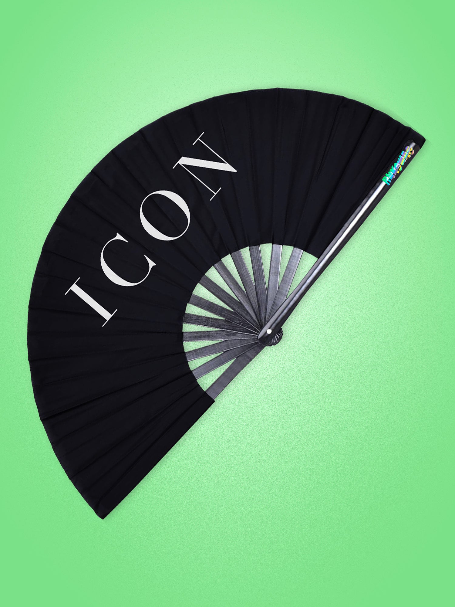 Black hand fan with 'ICON' text on a green background