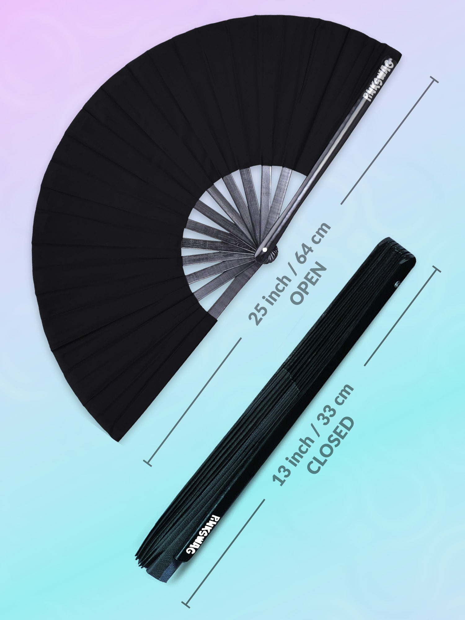 Black folding fan with open and closed measurements on a gradient background