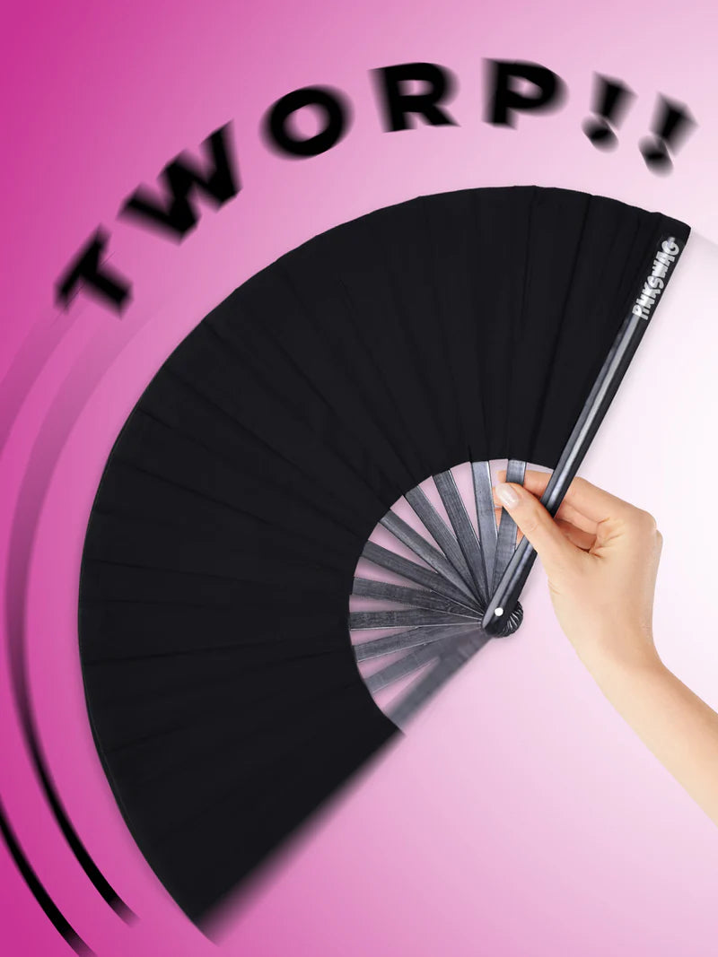 Black fan being held against a pink background with 'TWORP!!' text