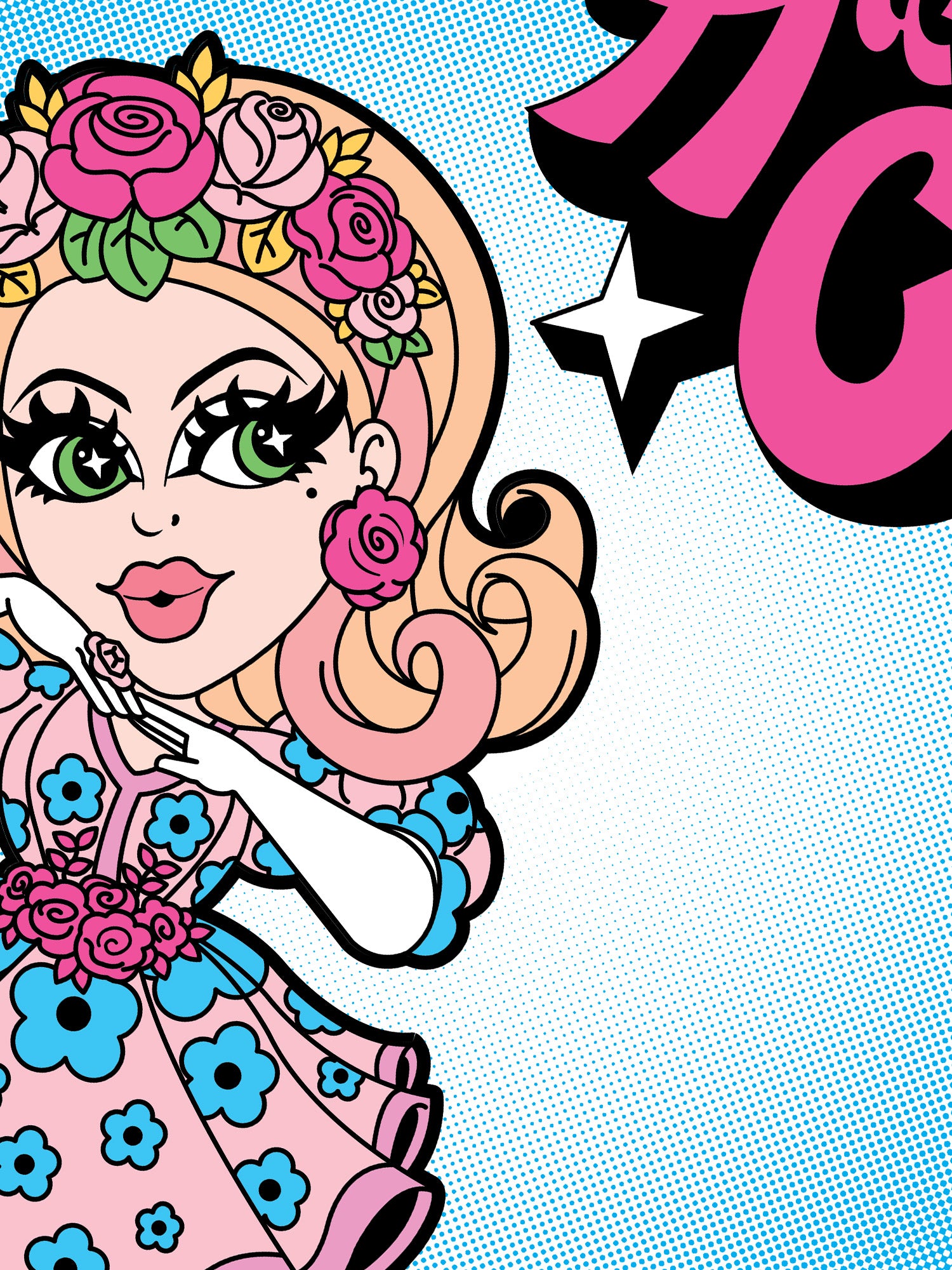 Colorful illustration of a character with floral hair and dress on a polka dot background