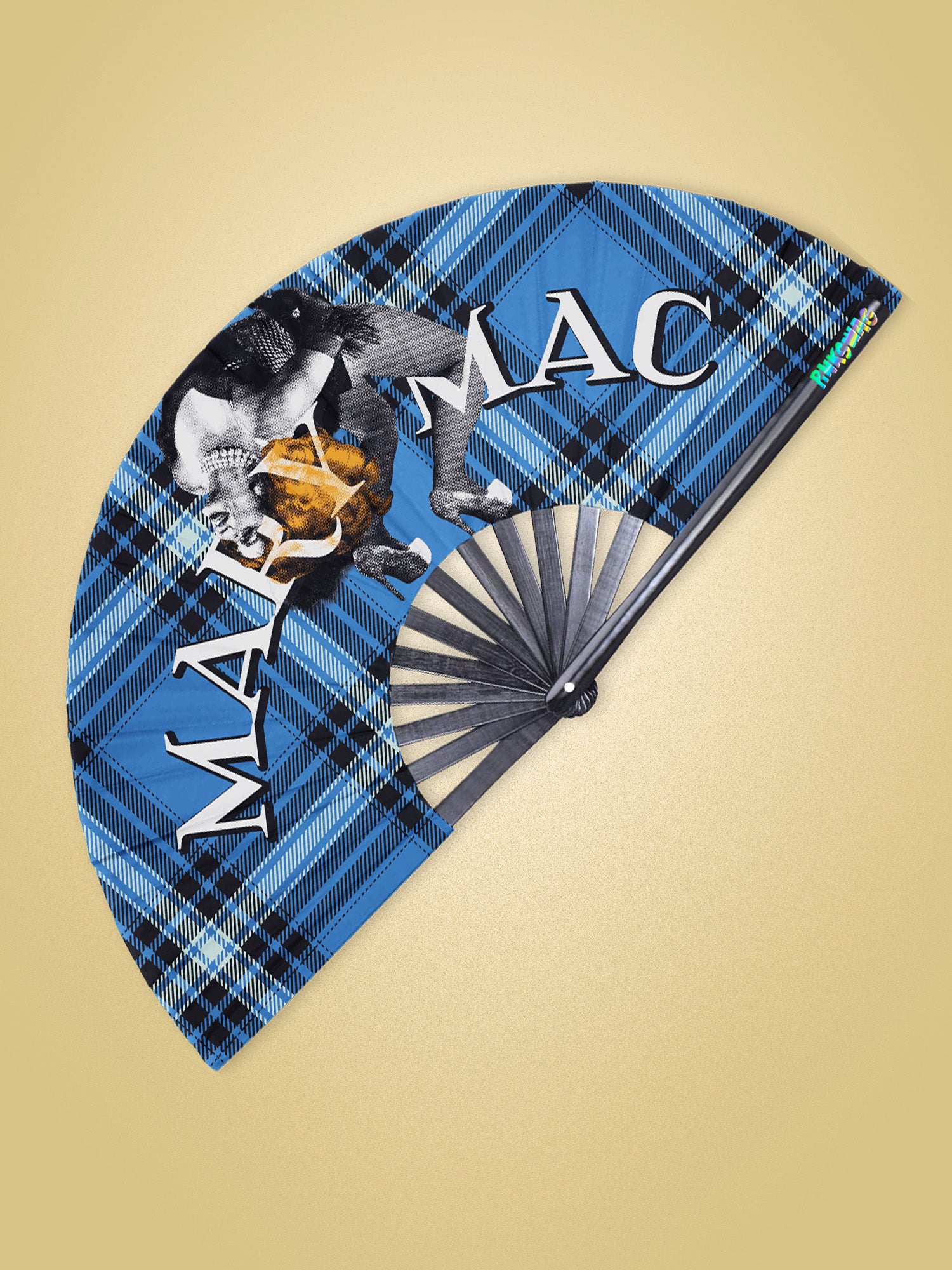 Blue plaid tartan fan with a lion design and 'MARY MAC' branding on a beige background