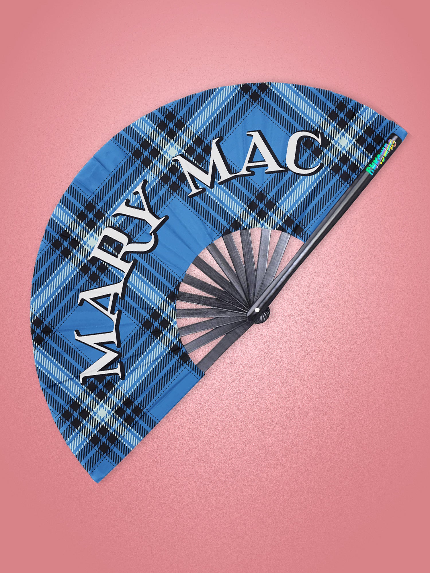 Blue plaid clack fan with 'MARY MAC' branding on a pink background
