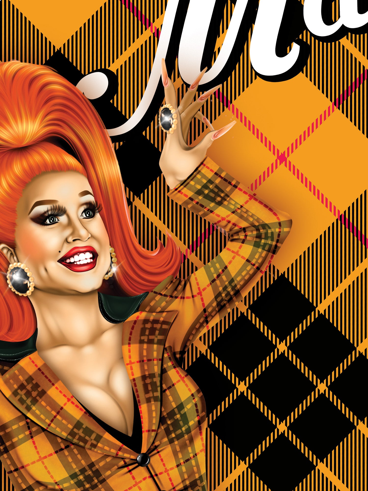Person with red hair and plaid outfit on a checkered background