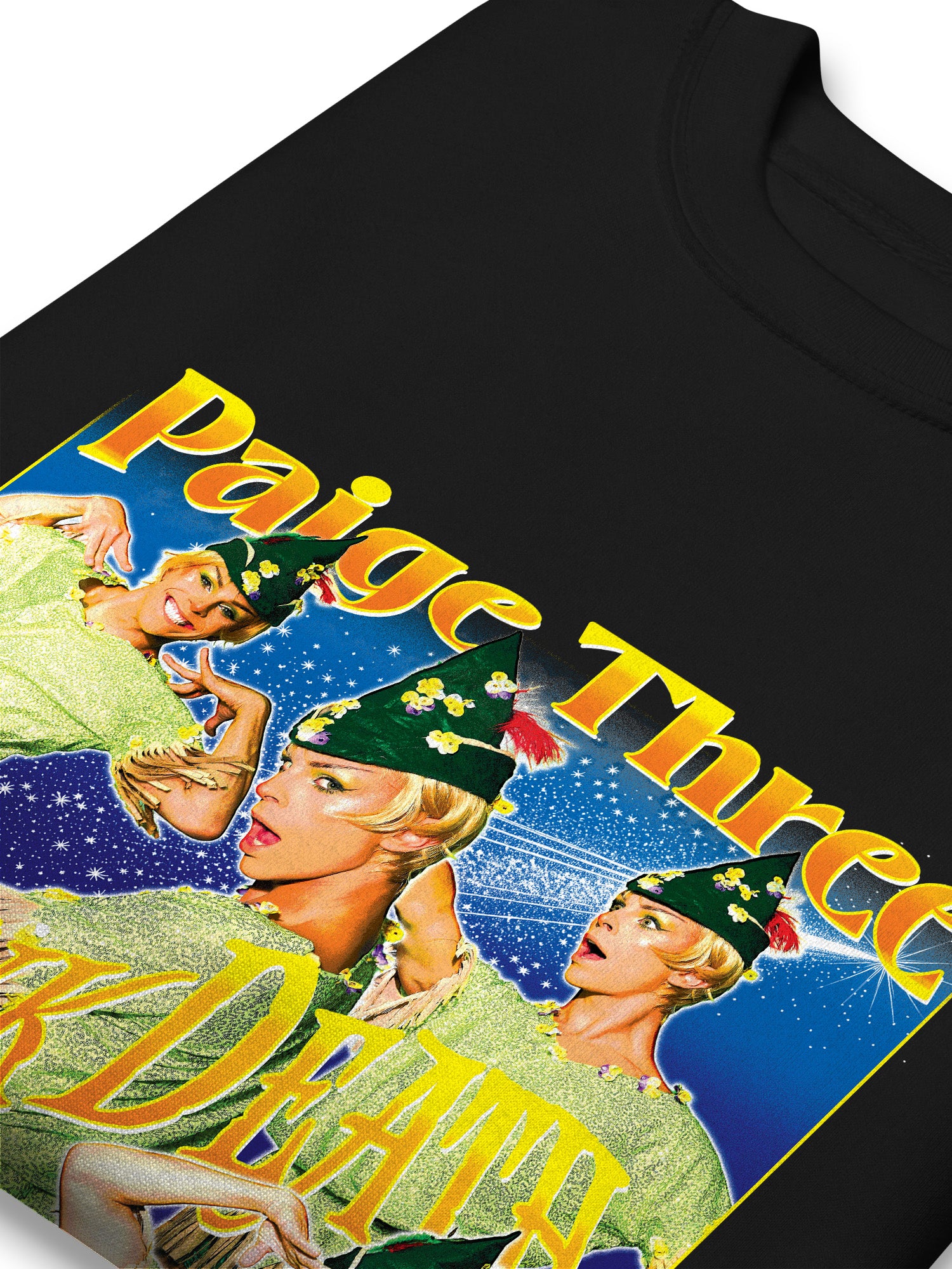 Black Sweatshirt with a colorful graphic design featuring people in festive outfits and text. Paige Three from BBC RuPaul's Drag Race UK Season 7