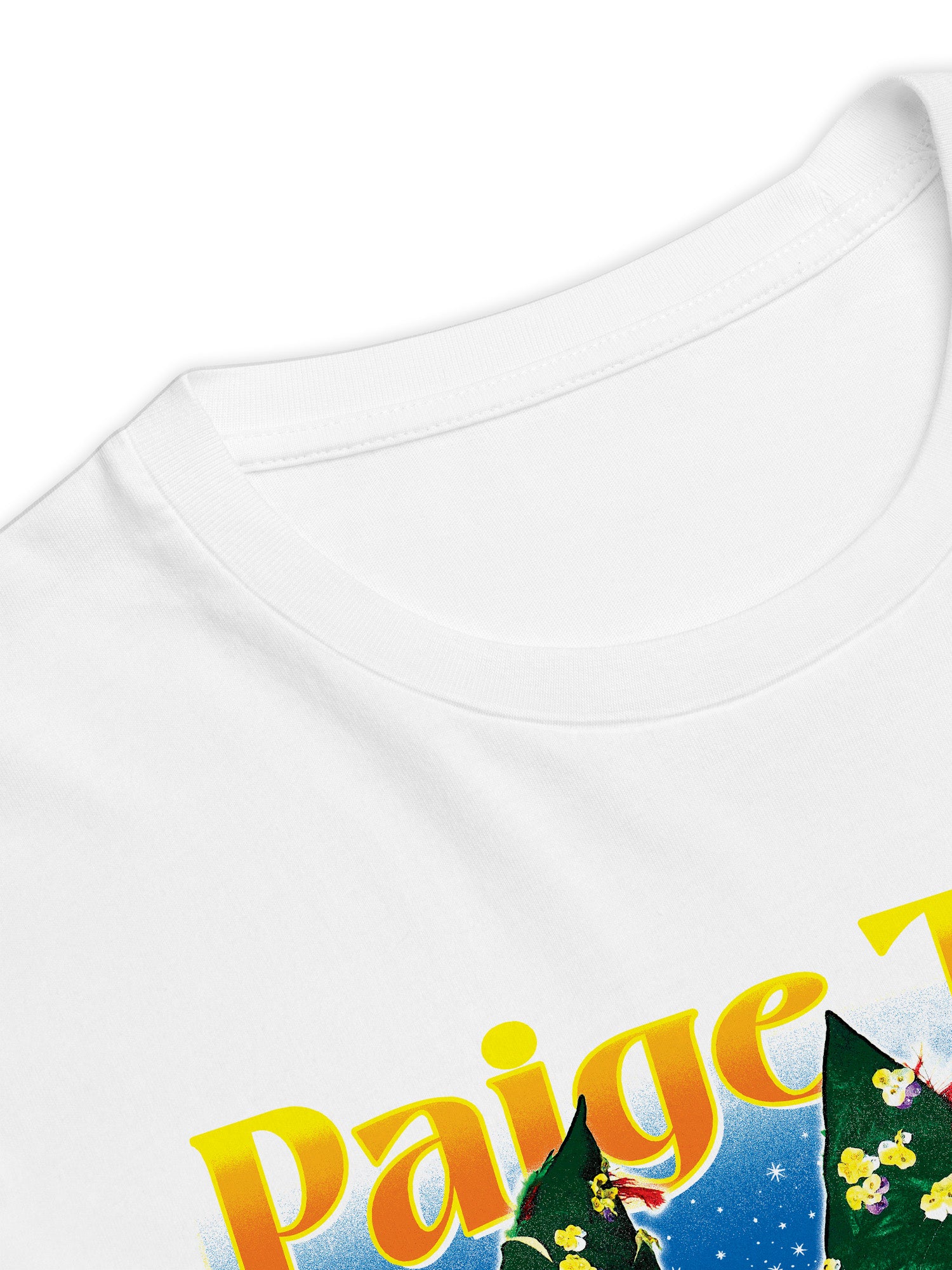 White shirt with colorful text and graphics on a white background. Paige Three from BBC RuPaul's Drag Race UK Season 7