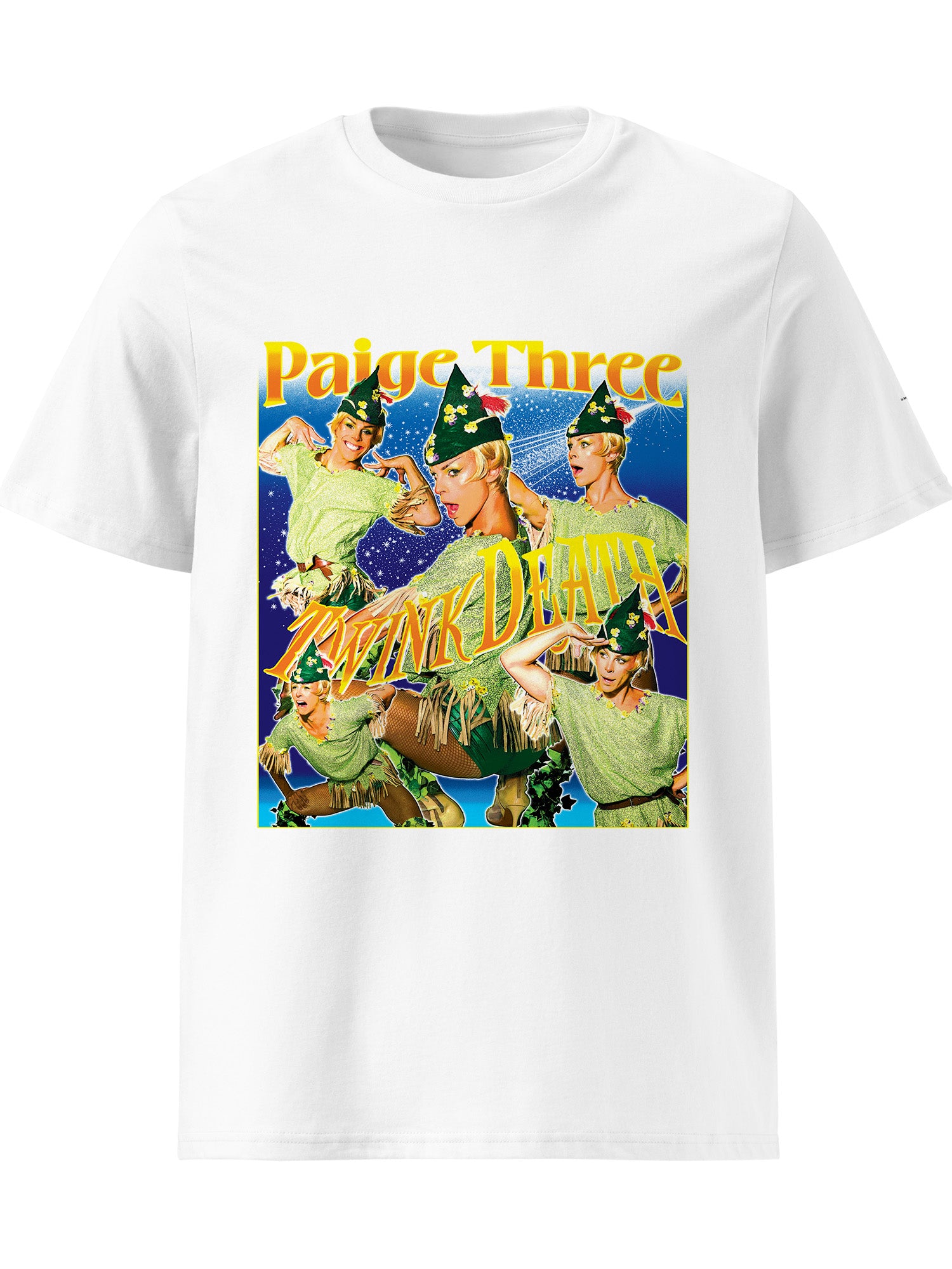 White t-shirt with a graphic design featuring four people in green outfits and hats on a white background. Paige Three from BBC RuPaul's Drag Race UK Season 7