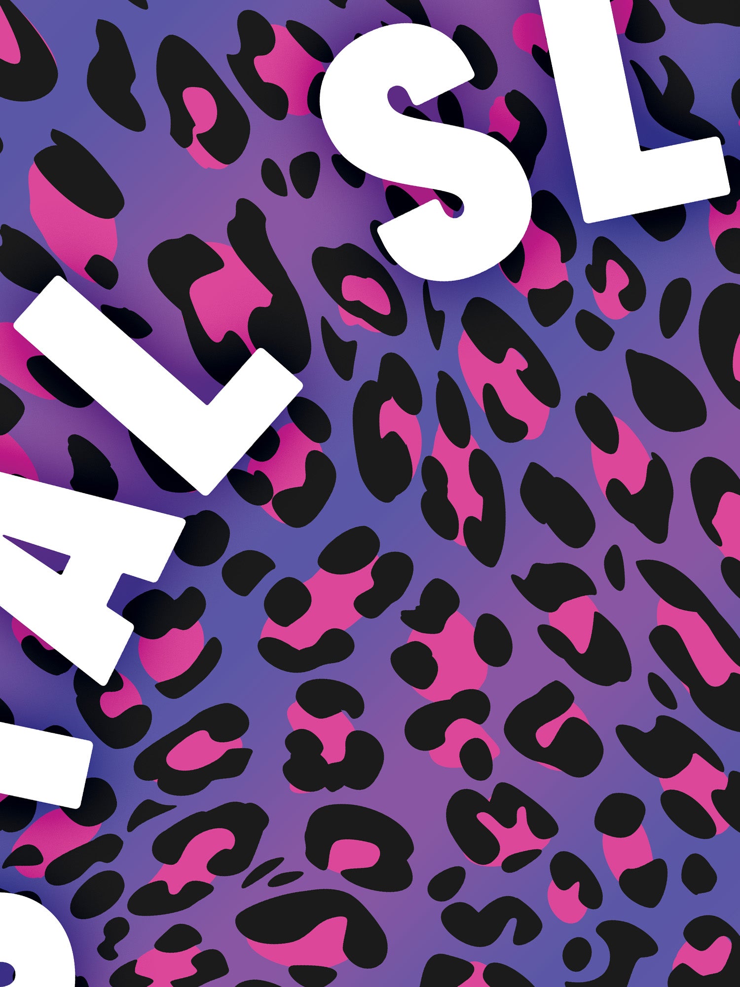 Leopard print pattern with white letters on a purple background