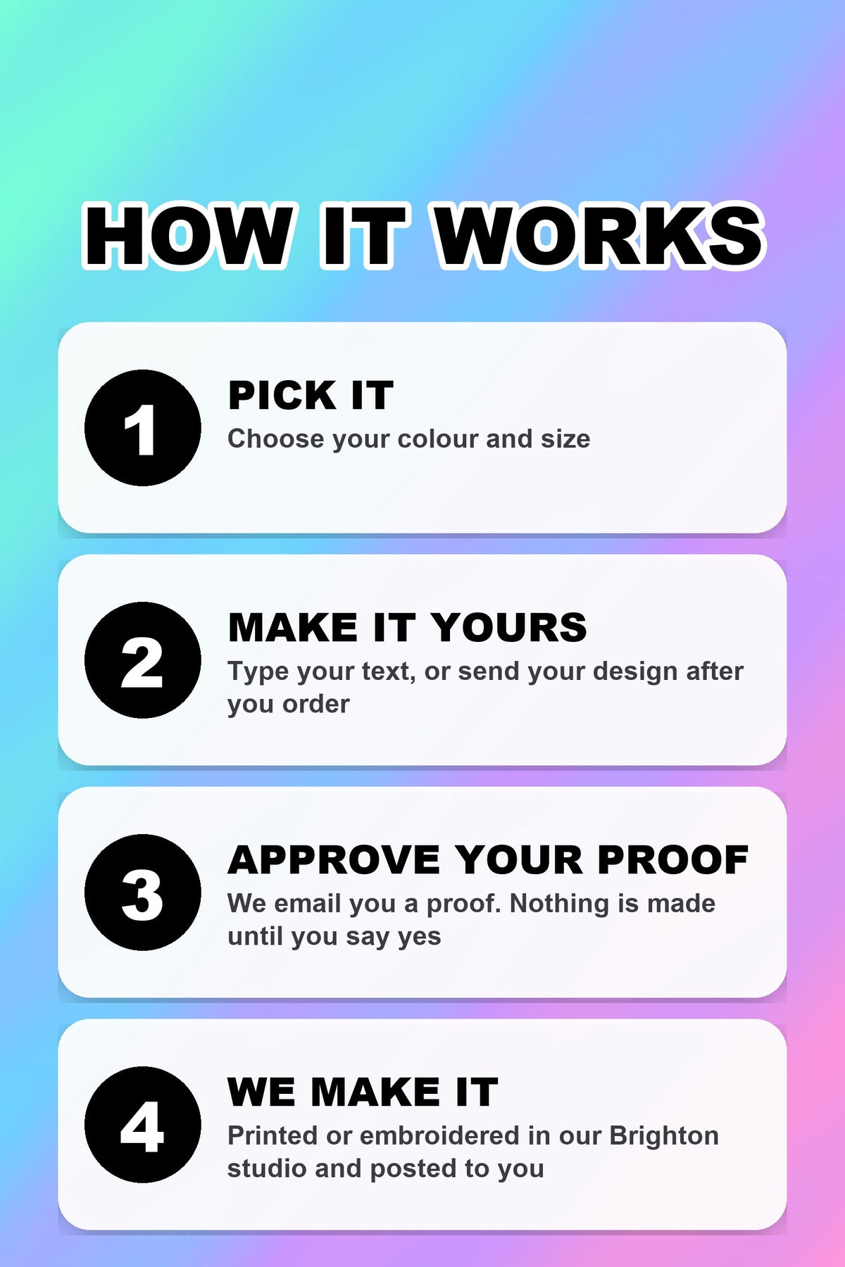 How the personalised t-shirt works: pick it, add your text or design, approve your proof, we make it