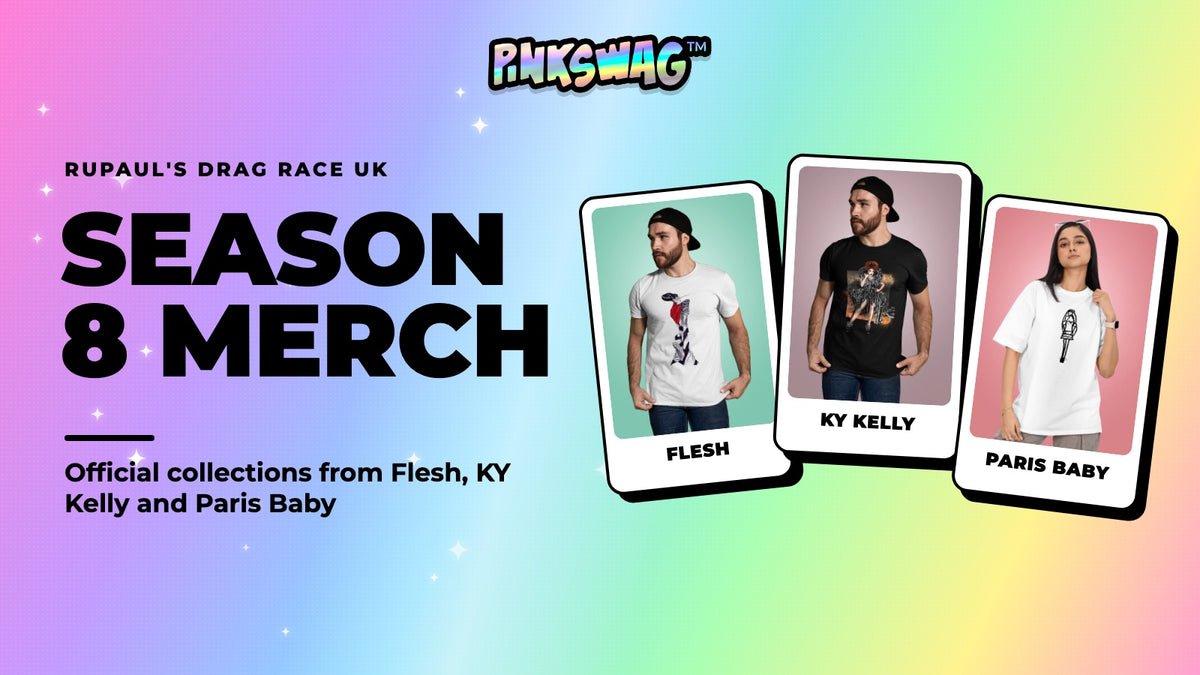 Drag Race UK Season 8 merch: Flesh, KY Kelly and Paris Baby tees by Pinkswag