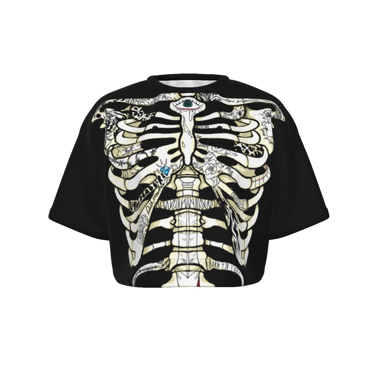 Black t-shirt with a detailed skeleton design on a white background