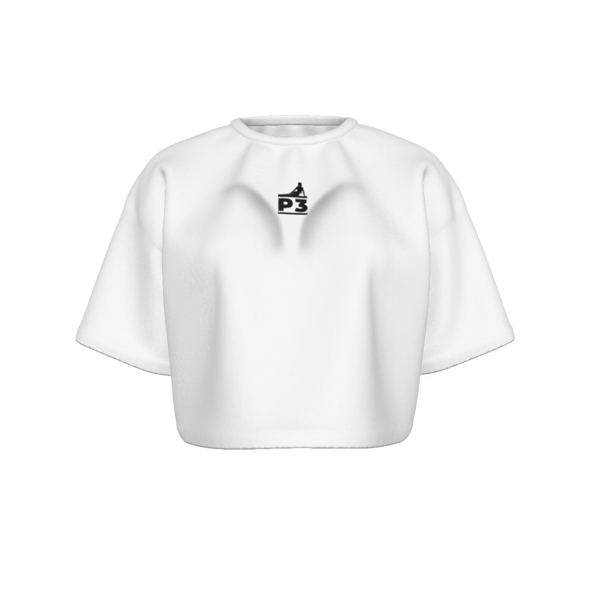 White cropped t-shirt with a logo on a white background