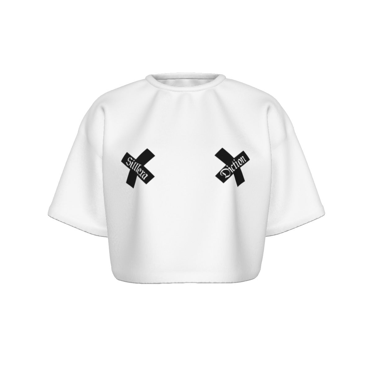 White cropped t-shirt with black graphic designs on a white background