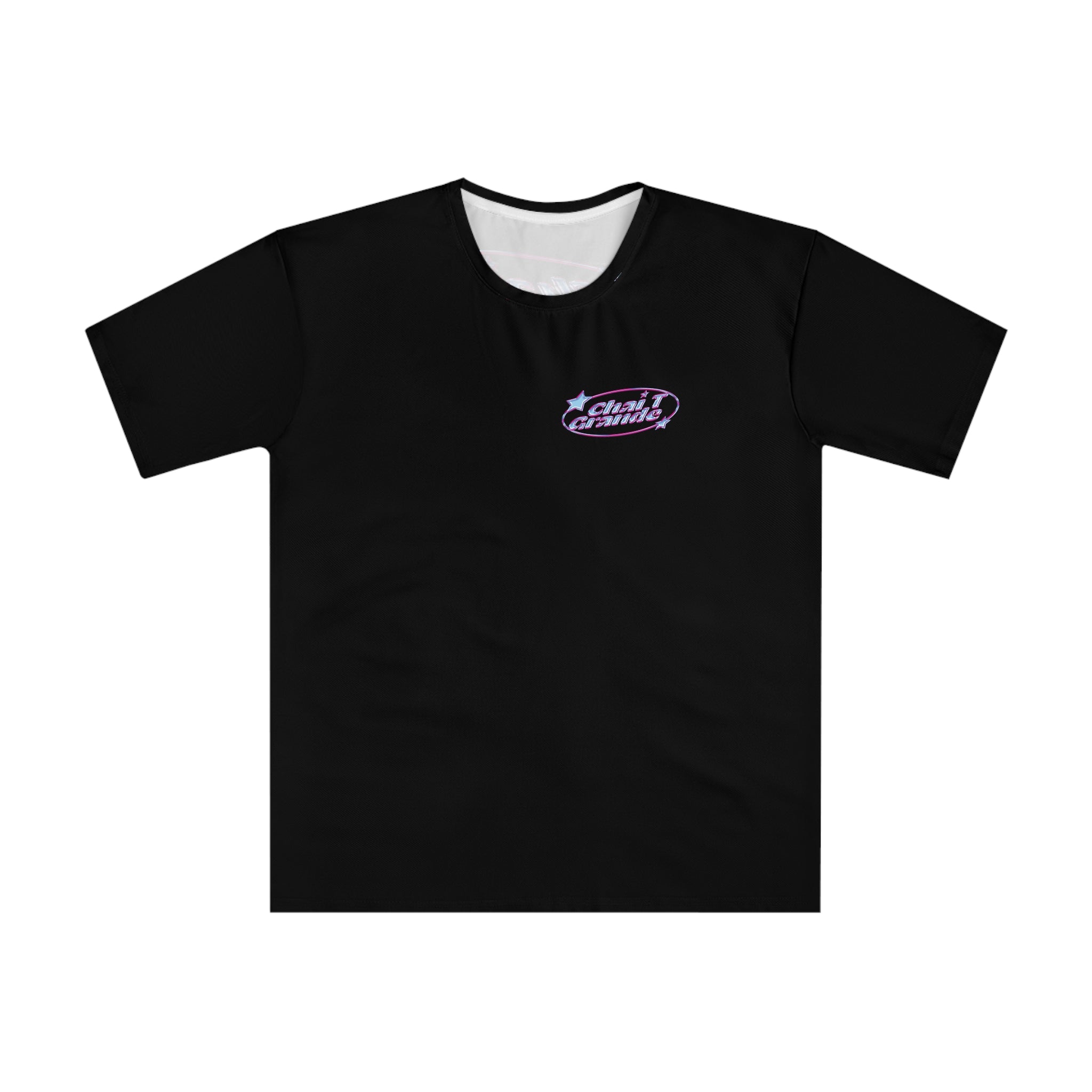 Black t-shirt with a logo on a white background