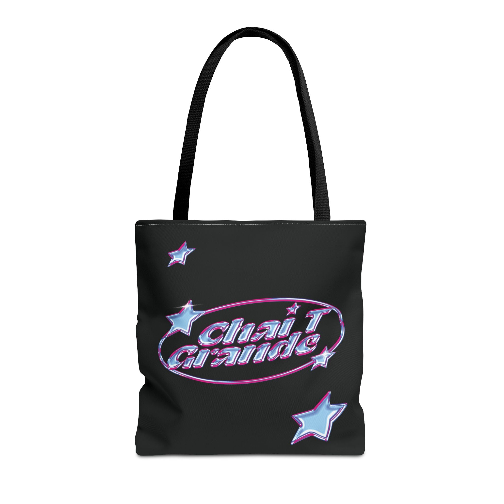 Black tote bag with 'Chai T Grande' logo and stars on a white background