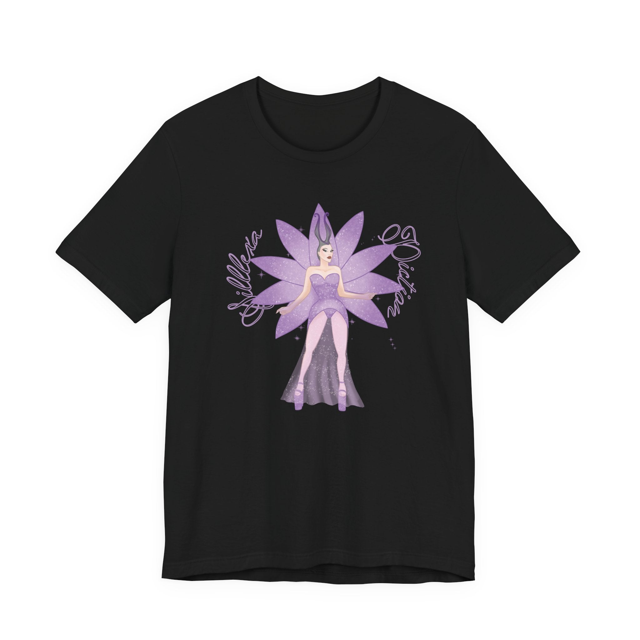 Black t-shirt with a purple fairy and flower design on a white background