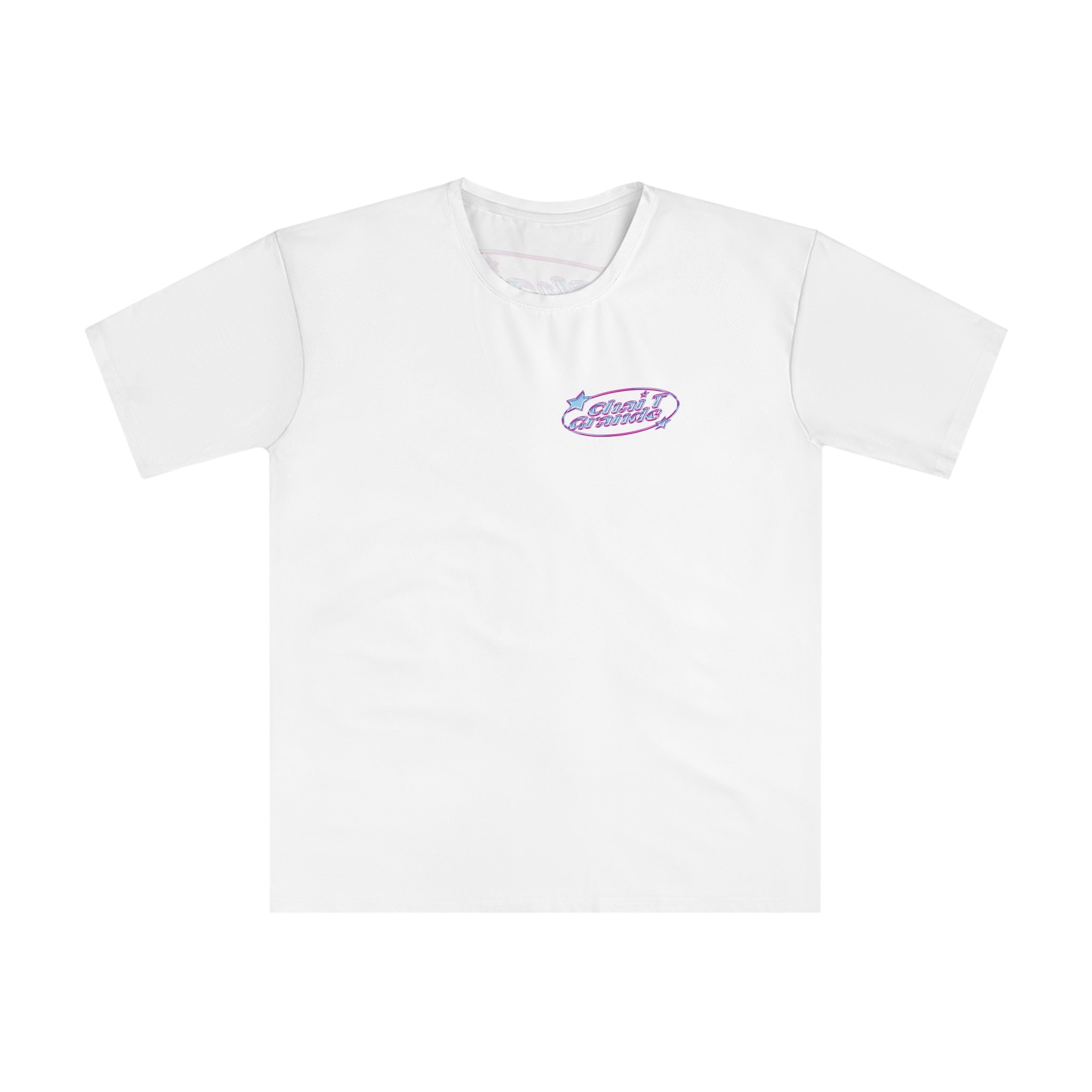 White t-shirt with a logo on a white background