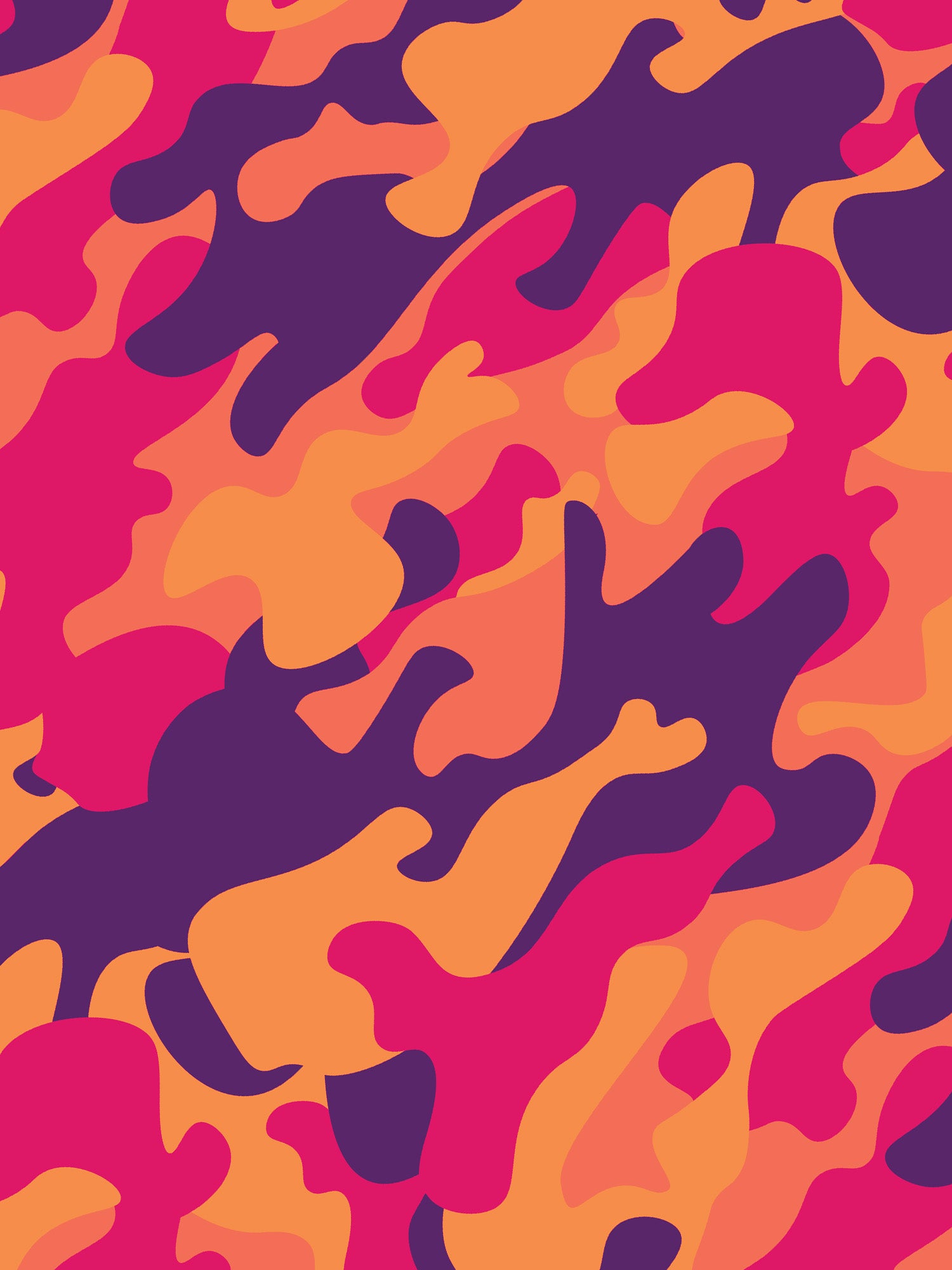 Colorful camouflage pattern with purple, orange, and pink colors.