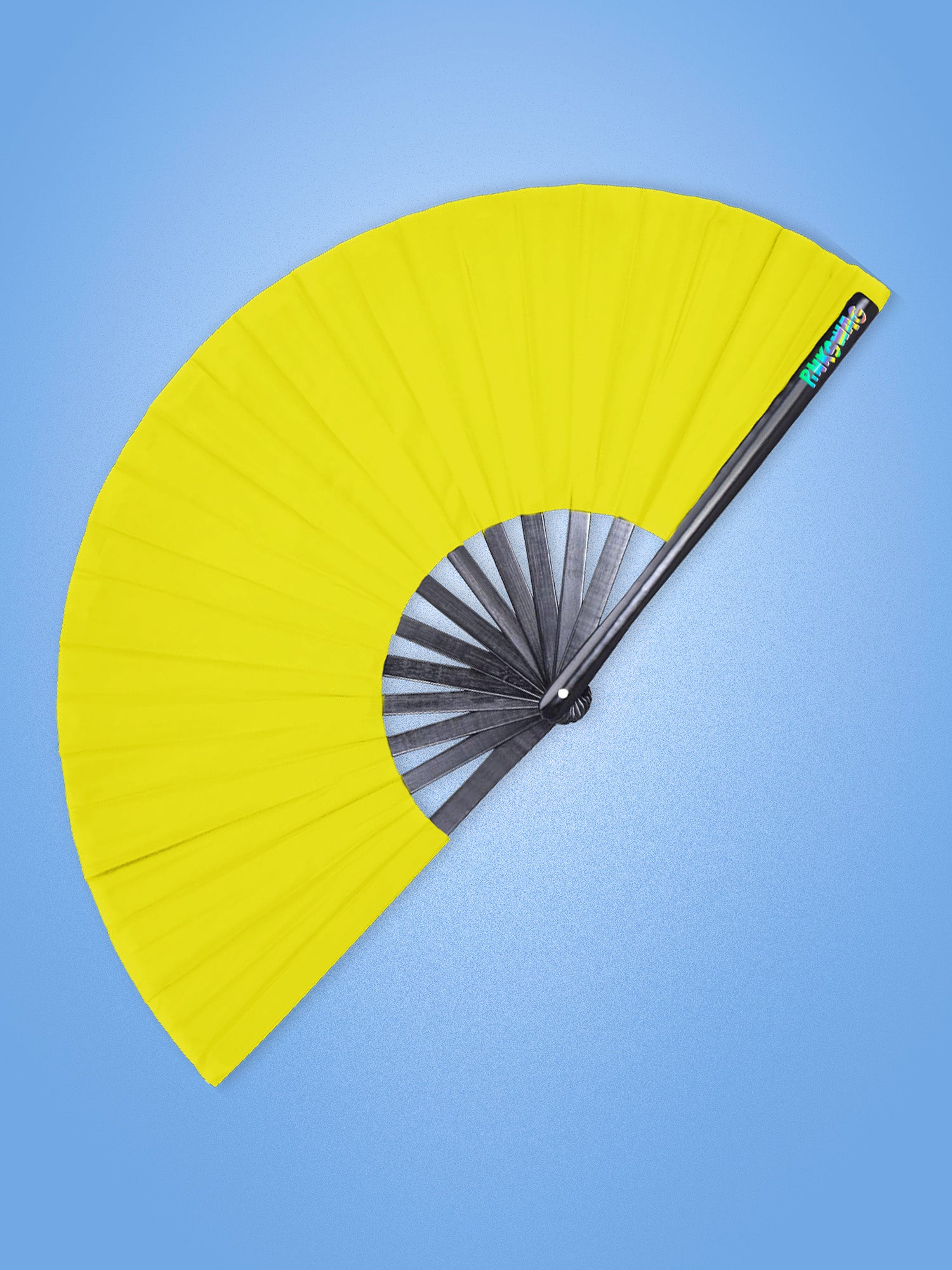 Yellow fan with black handle on a blue background