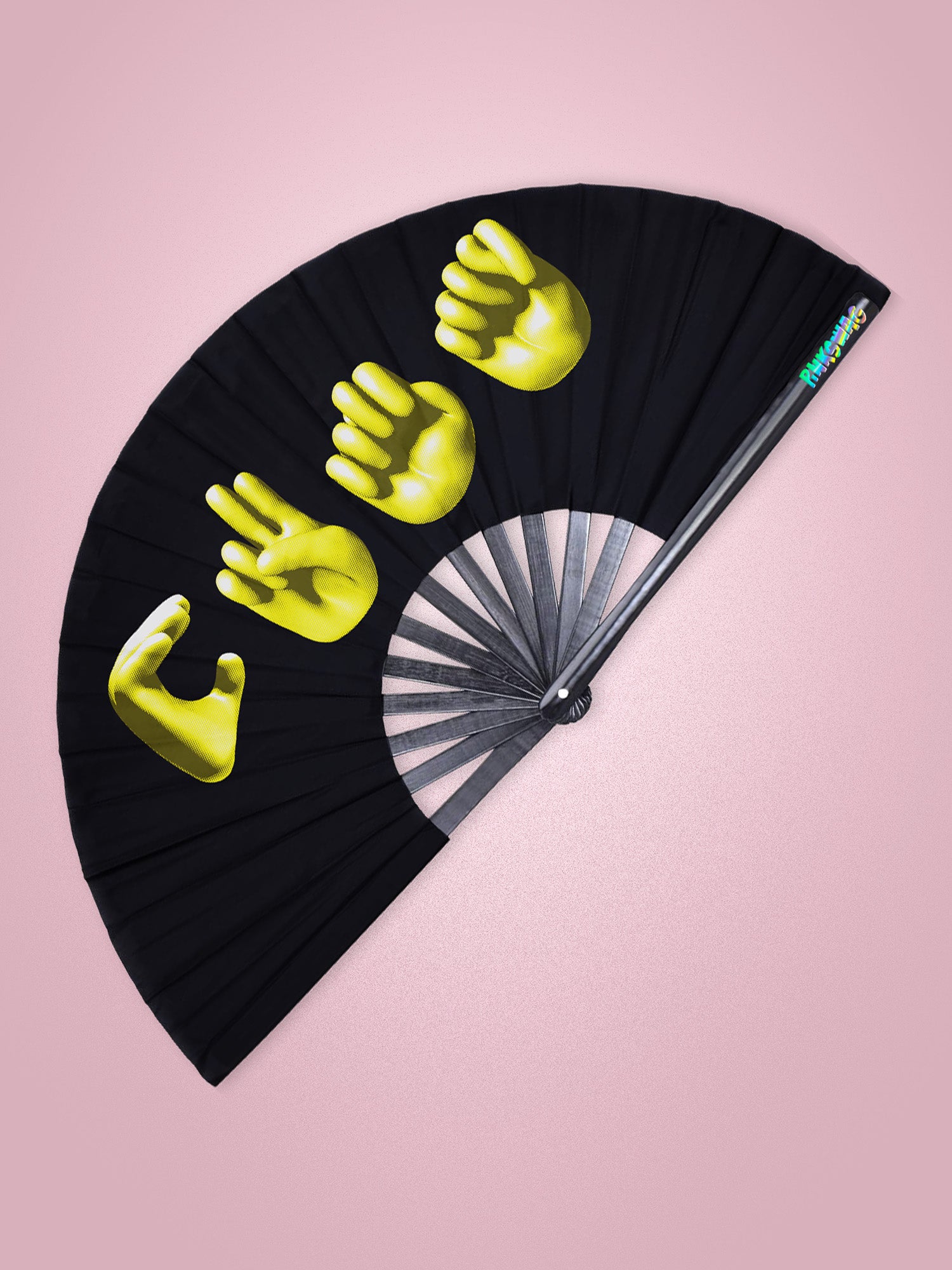 Black fan with yellow handprints on a pink background
