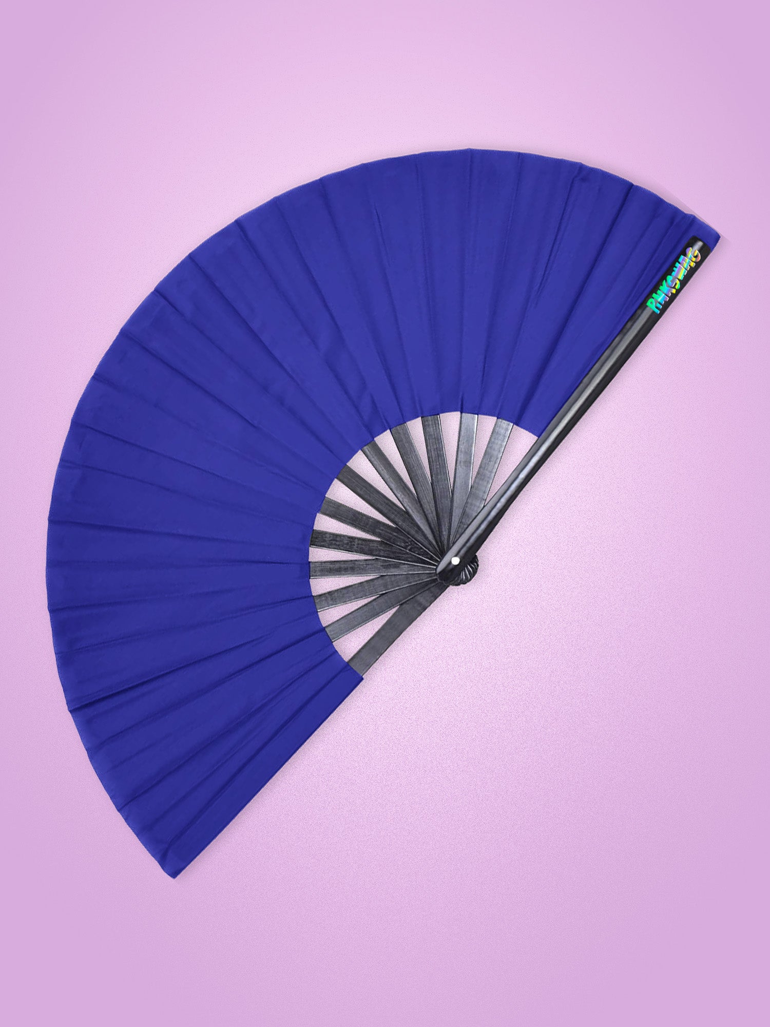 Blue folding fan on a light purple background