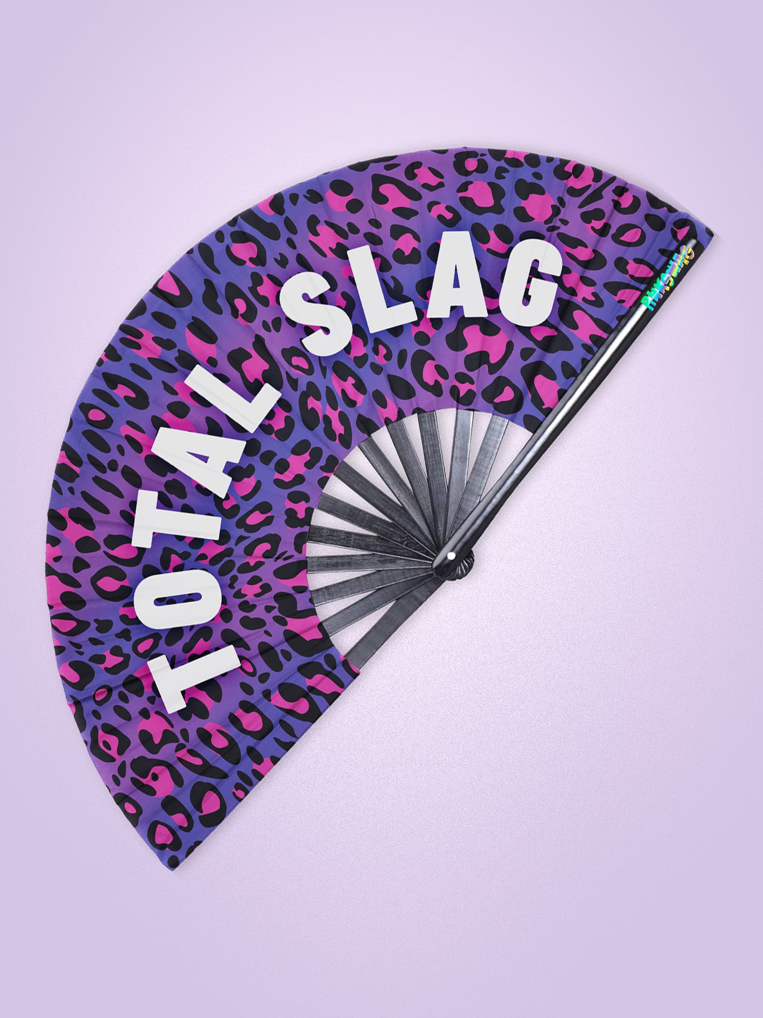 Handheld fan with purple leopard print and 'TOTAL SLAG' text on a light purple background