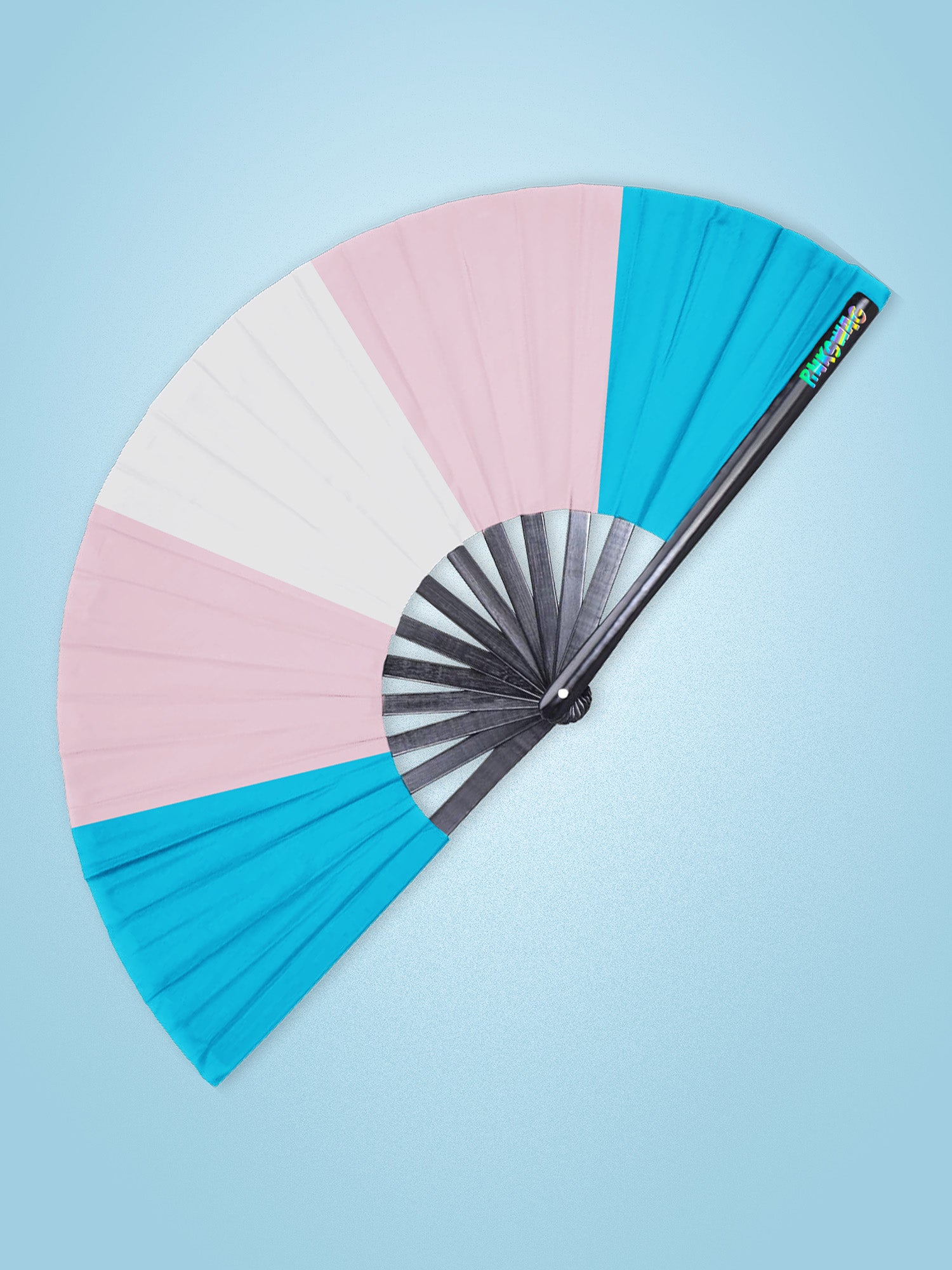 Colorful folding trans fan with pink, blue, and white sections on a light blue background