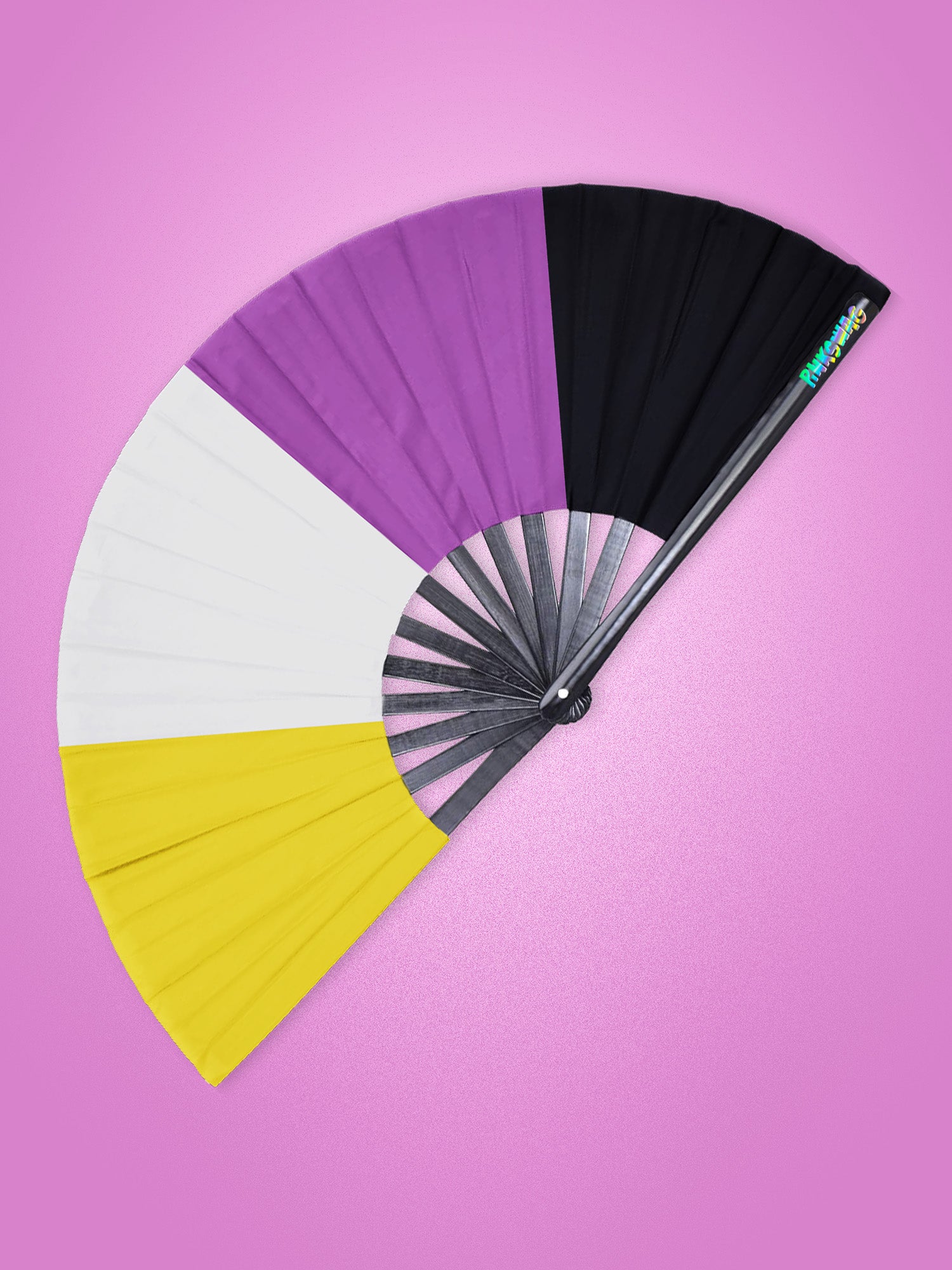 Colorful folding fan with purple, black, white, and yellow sections on a pink background