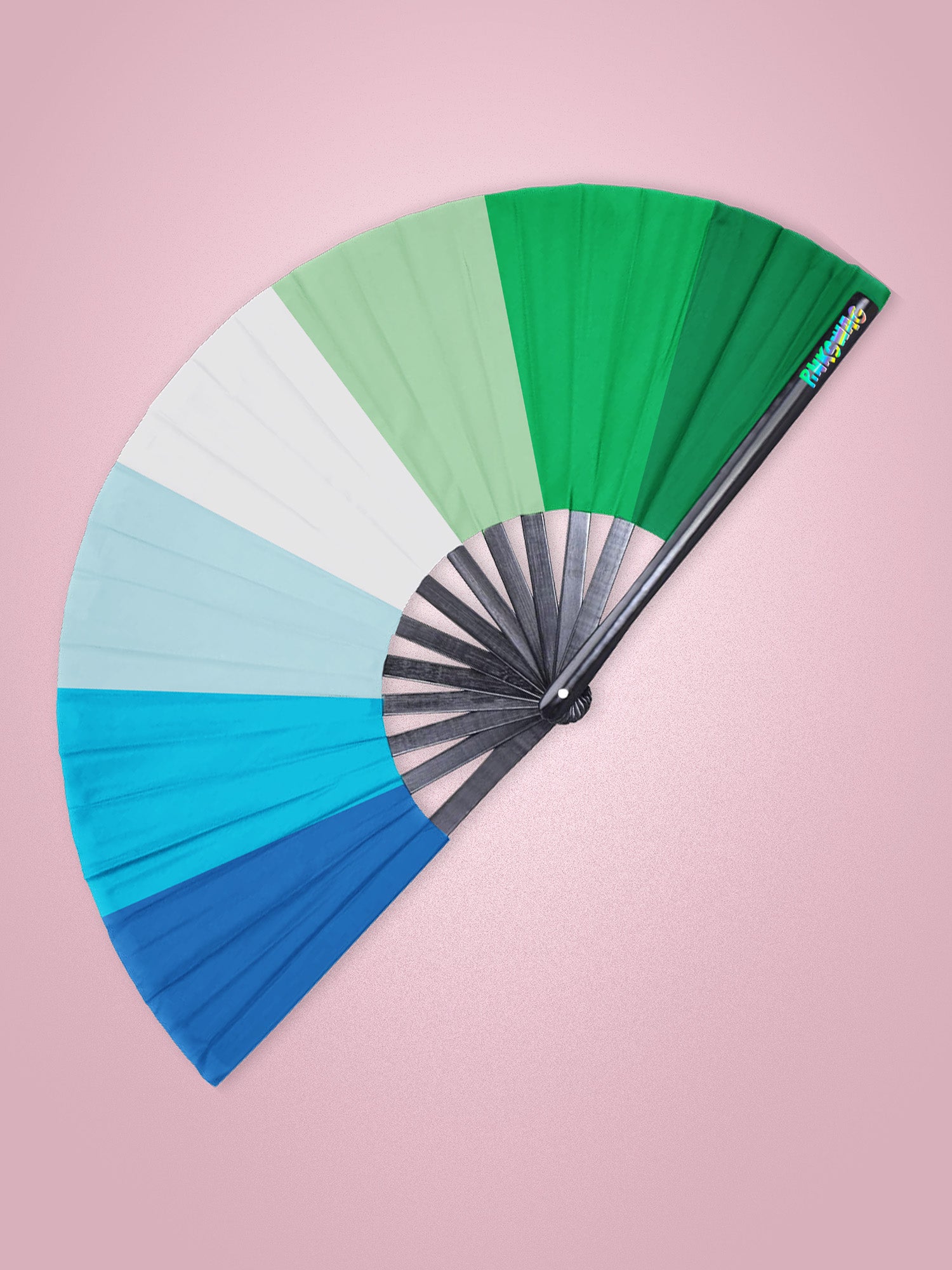 Color swatch fan with green, blue, and gray sections on a pink background