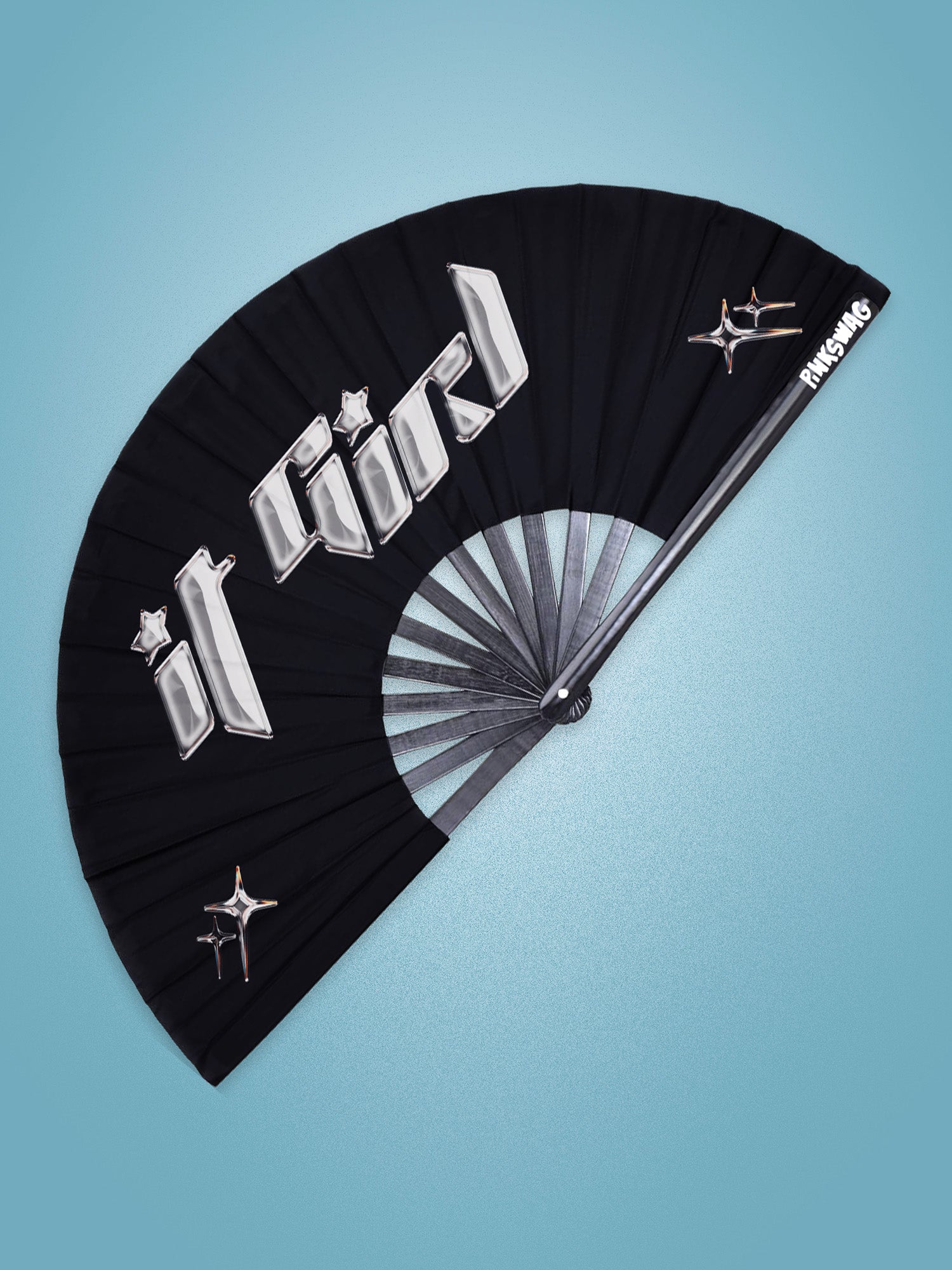 Black fan with 'it girl' text on a blue background