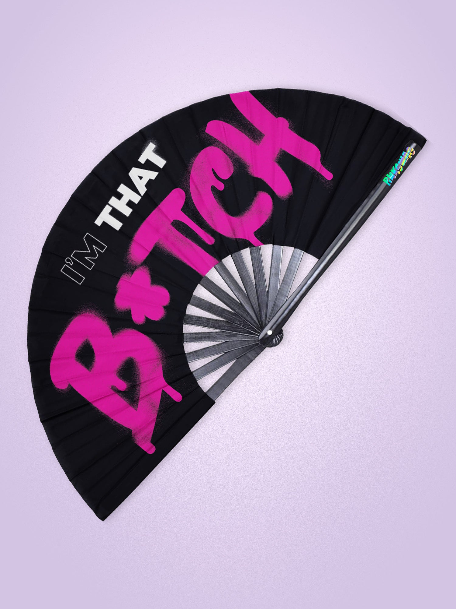 Black fan with pink and white text on a light purple background