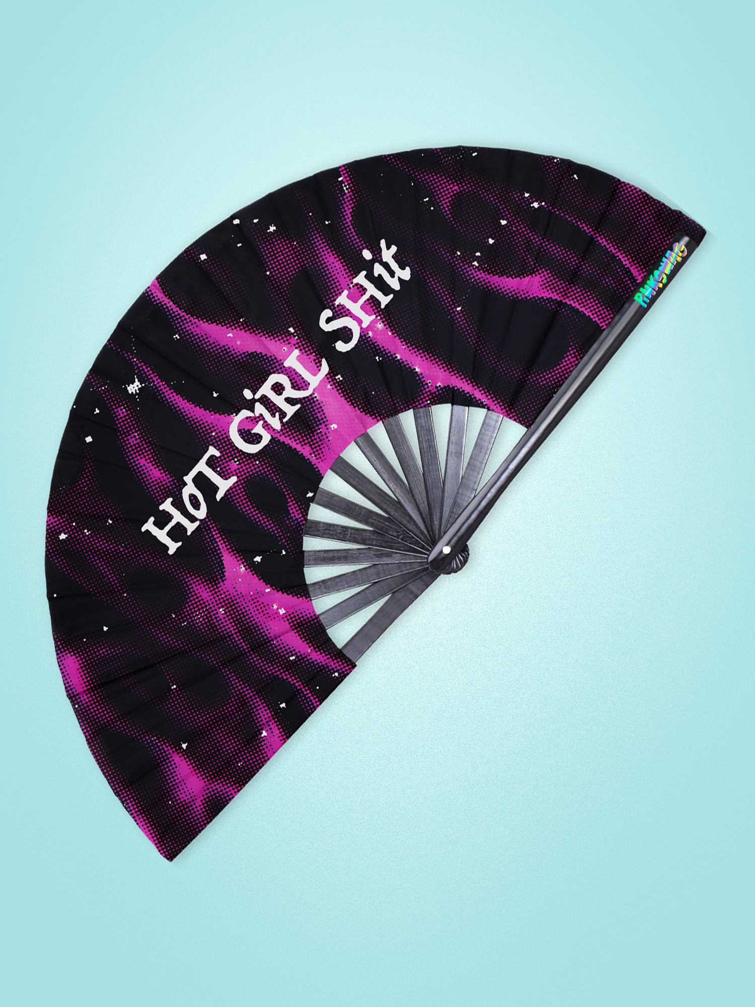 Handheld fan with 'Hot Girl Shit' text on a purple and black design against a light blue background